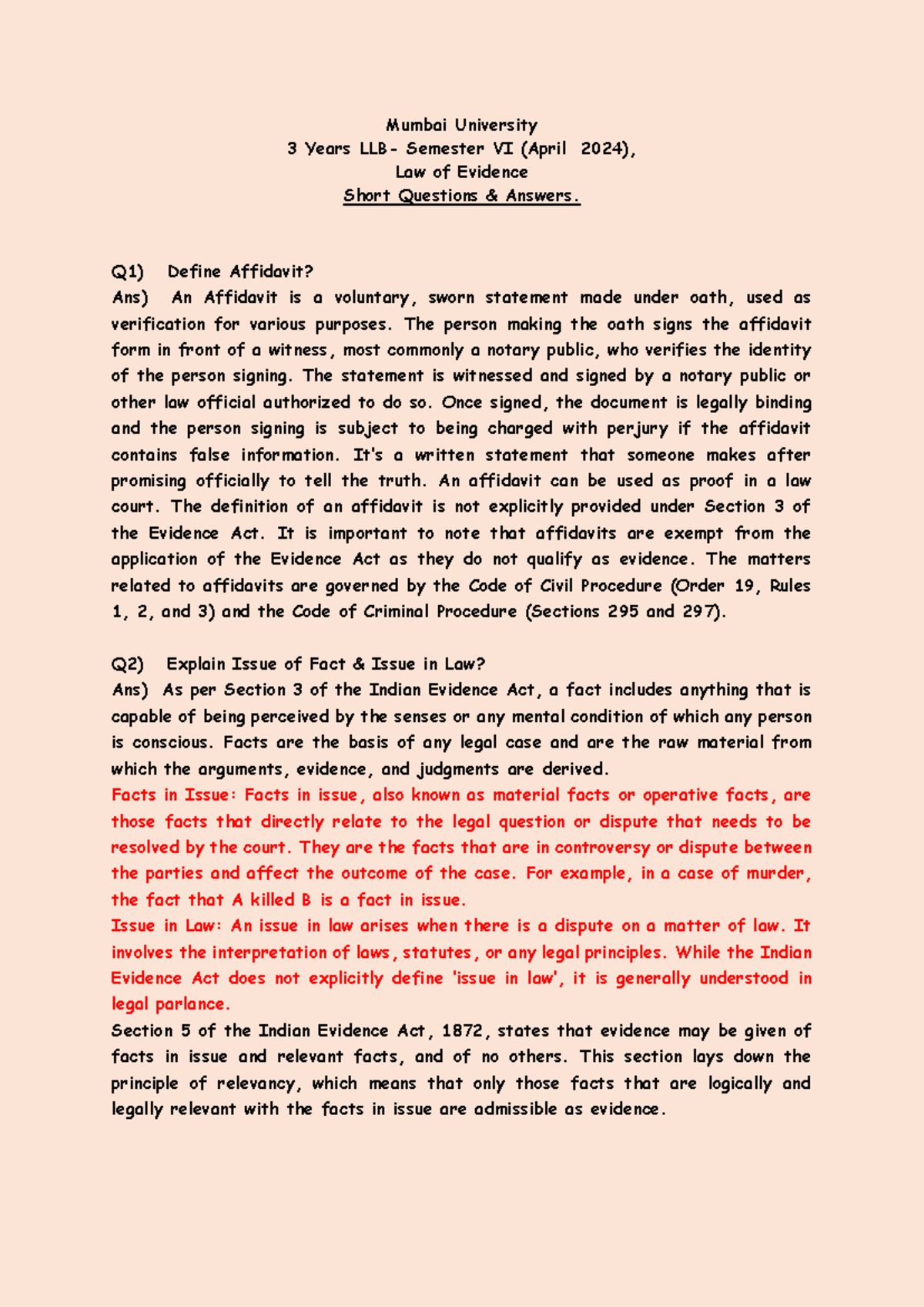 RK Notes for Law of Evidence - Mumbai University 3 Years LLB- Semester ...