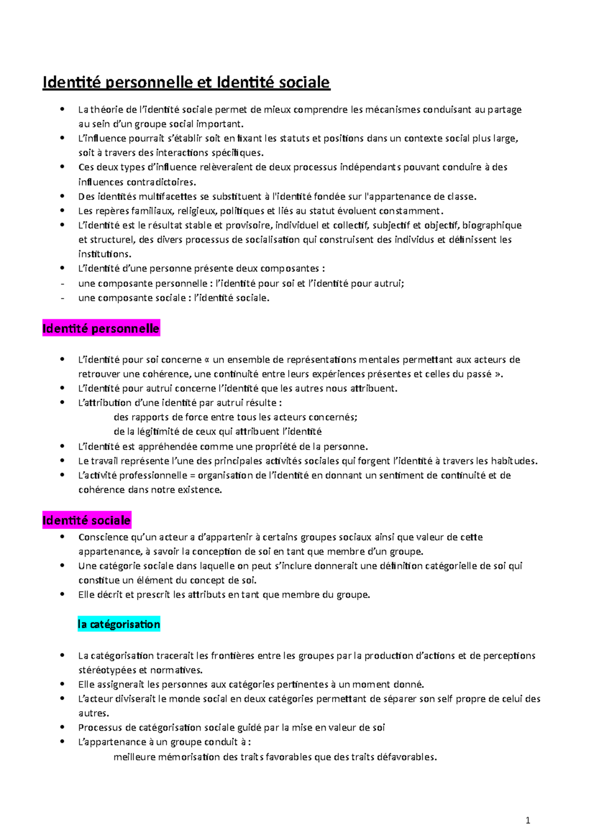 Résume Psycho sociale 2022 - Identité personnelle et Identité sociale ...
