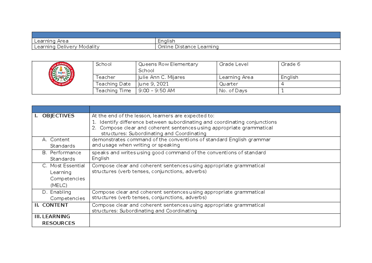 English Lesson Exemplar Observation Week 2 Quarter 4 - Learning Area ...
