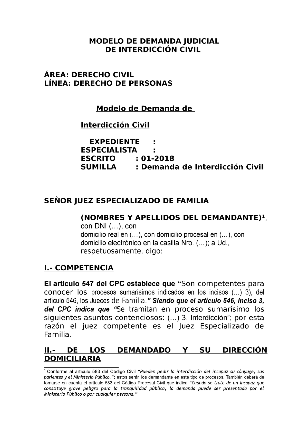 Modelo De Demanda Judicial De Interdicción Civil Modelo De Demanda Judicial De InterdicciÓn 2998