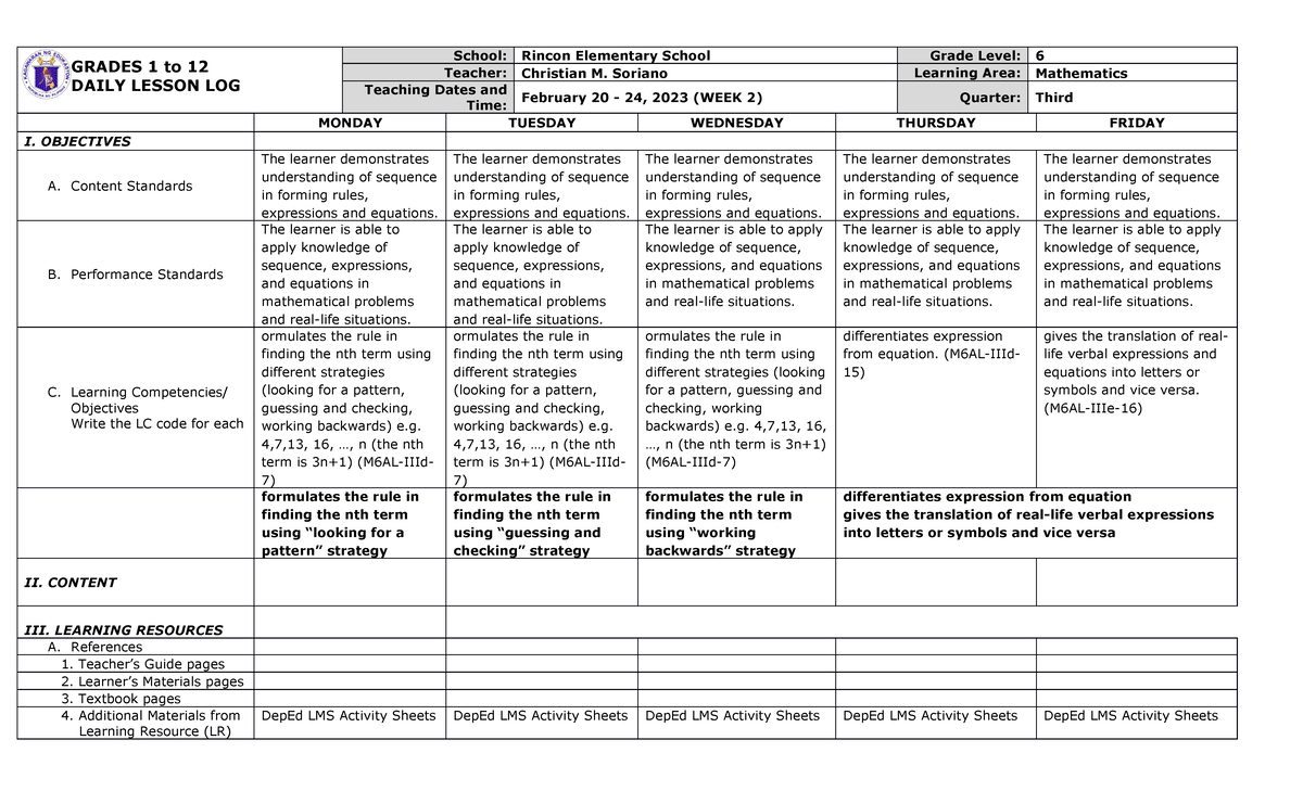 Dll Mathematics 6 Q3 W2 - Great - Grades 1 To 12 Daily Lesson Log 