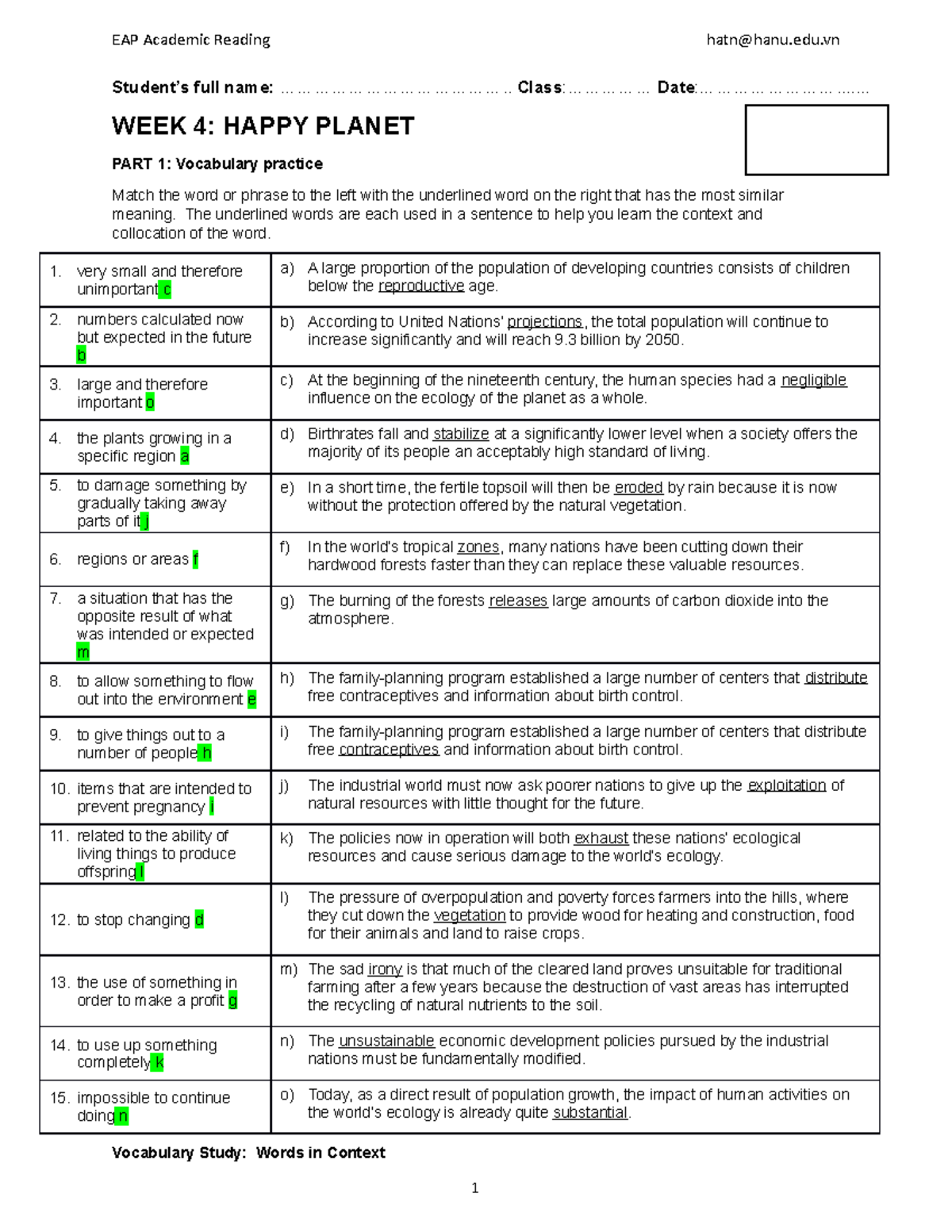 EAP Reading worksheet week 4 - Happy Planet - EAP Academic Reading hatn ...