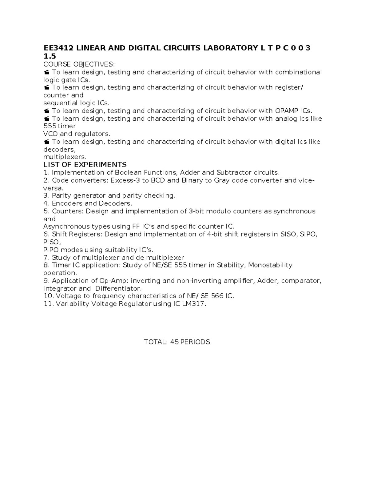EE3412 Linear AND Digital Circuits Laboratory syllabus EE3412 LINEAR
