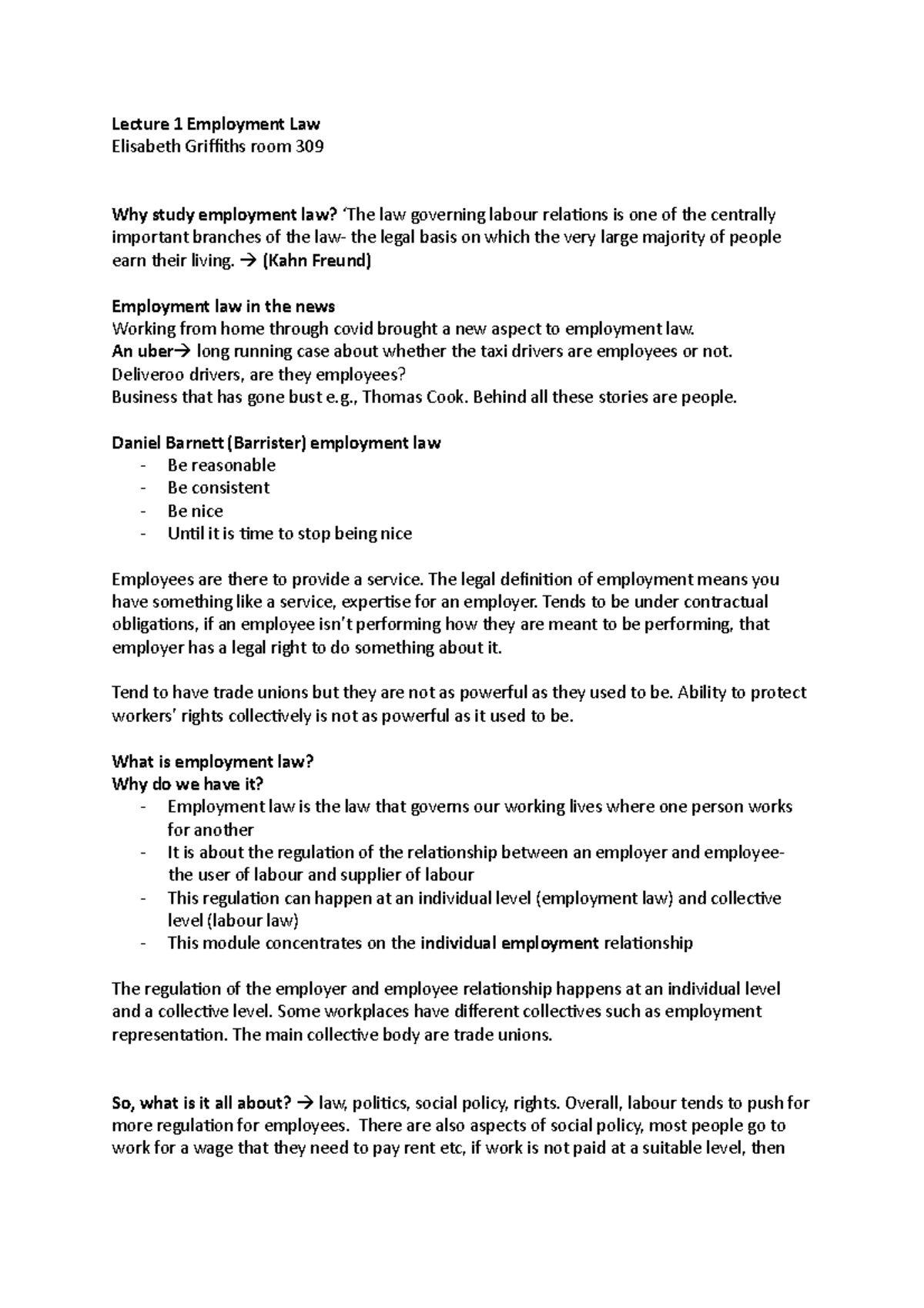 Lecture 1 Employment Law - (Kahn Freund) Employment law in the news ...