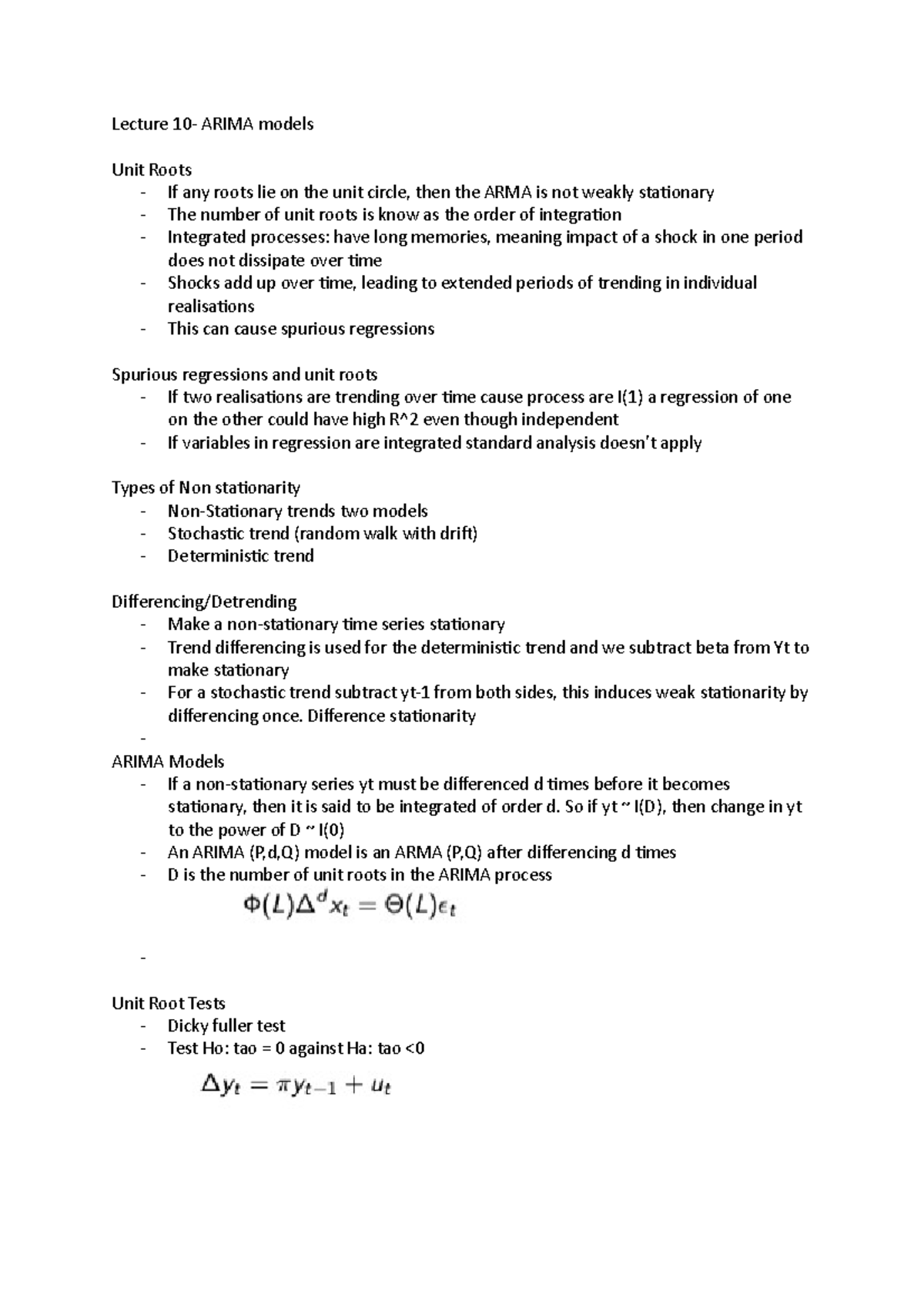 Lecture 10 ARMA and ARIMA Lecture 10 ARIMA models Unit Roots If