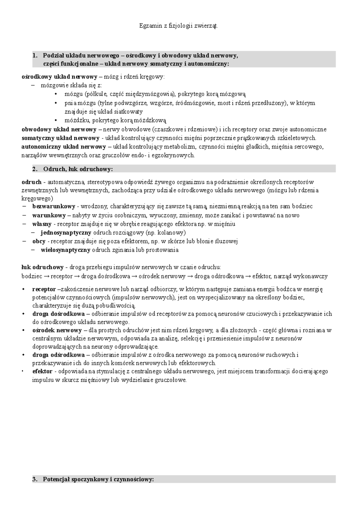 Sprawdzian Z Anatomii I Fizjologii Zwierząt