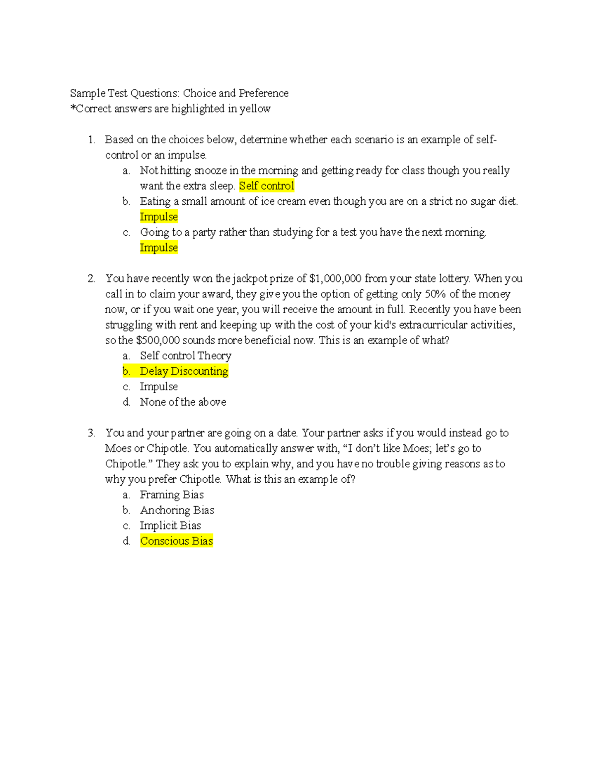 Psych Test Questions (Ch: Choice) - Sample Test Questions: Choice and ...