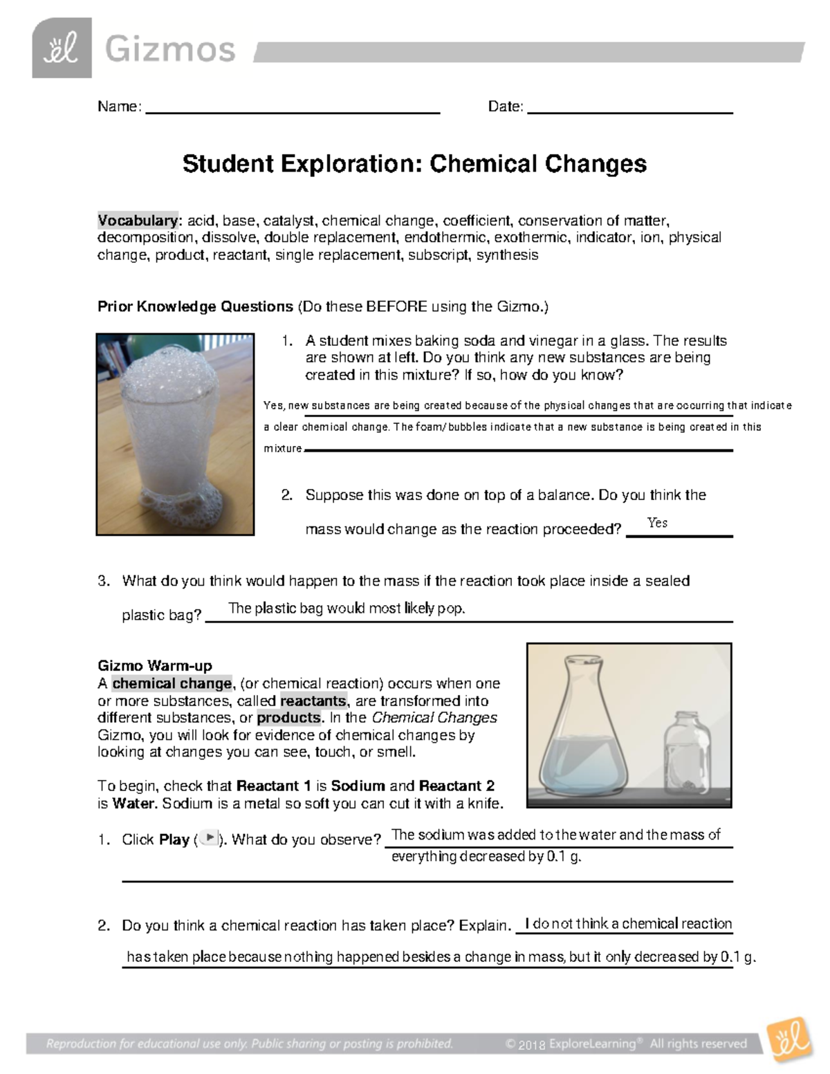 Student Exploration Chemical Changes - Name: Date: Student Exploration ...