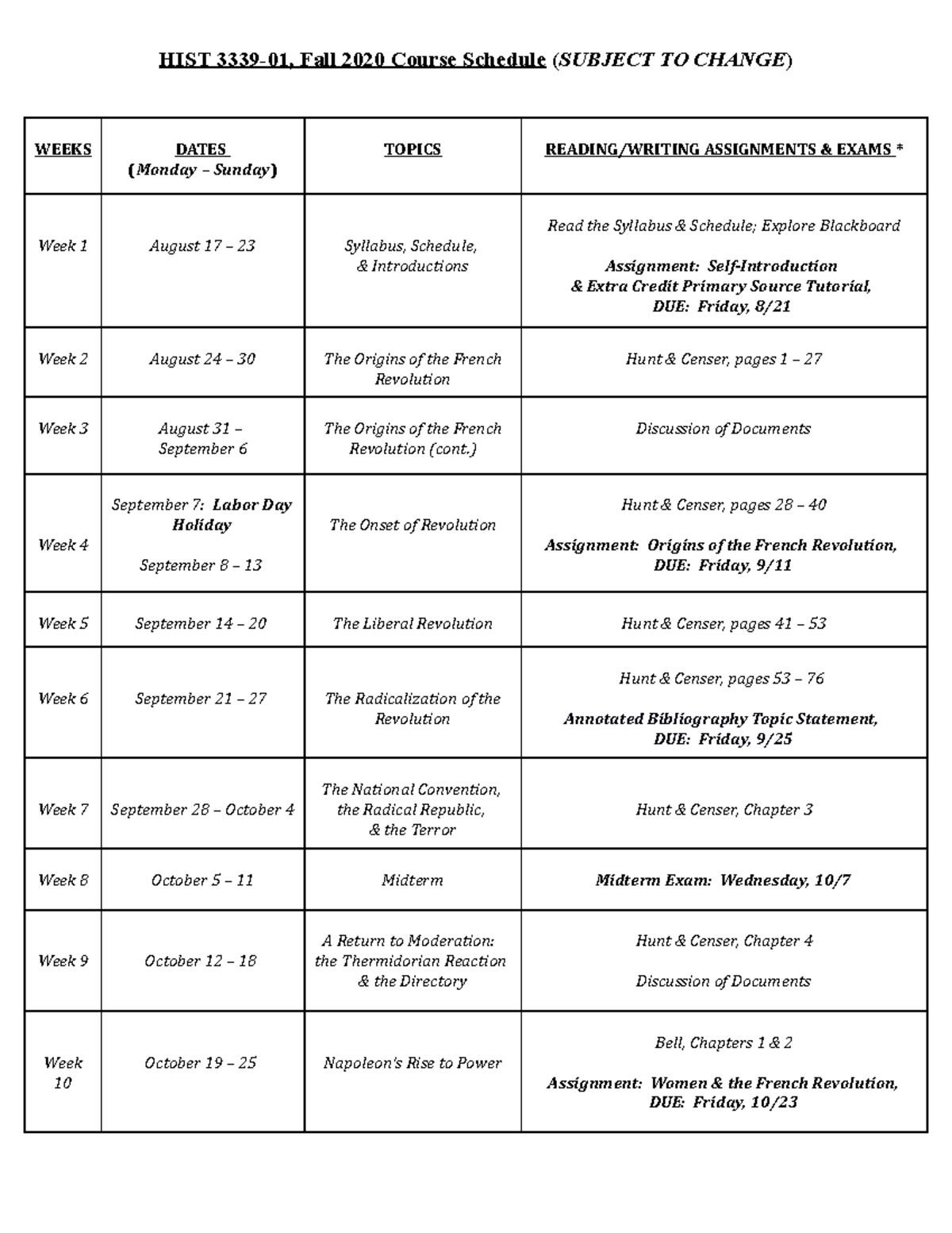 HIST 333901 Course Schedule, Fall 2020 HIST 333901, Fall 2020