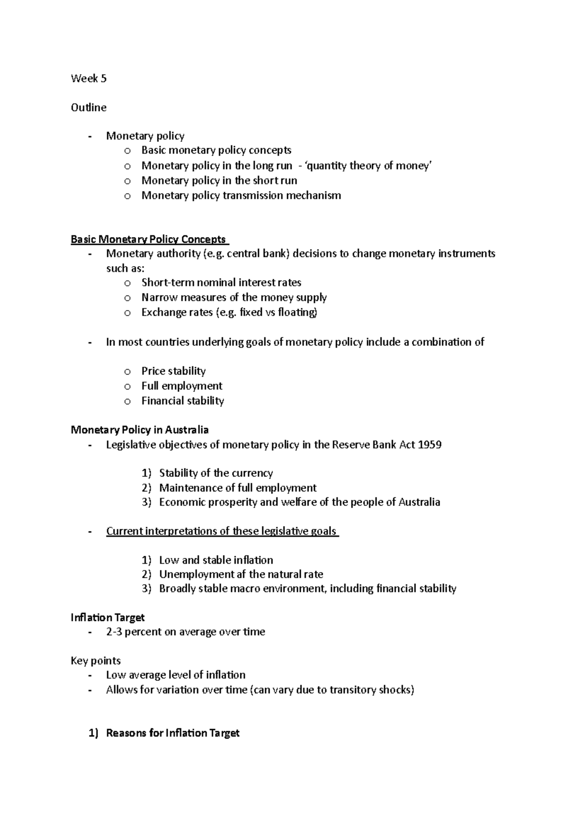 Week 5 Monetary Policy - Week 5 Outline Monetary policy o Basic ...