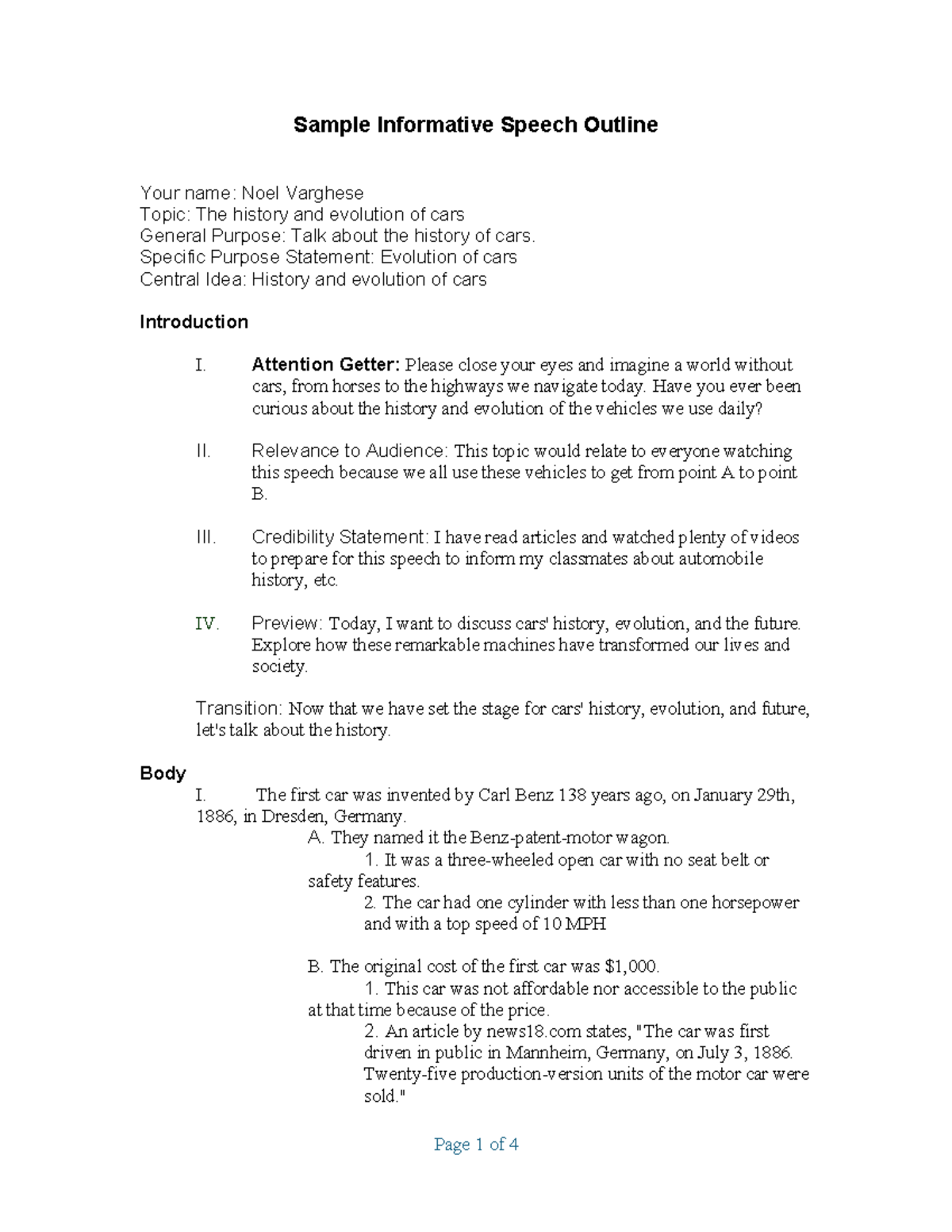 Sample Informative Speech Outline (Prep Form)-5 - Sample Informative ...
