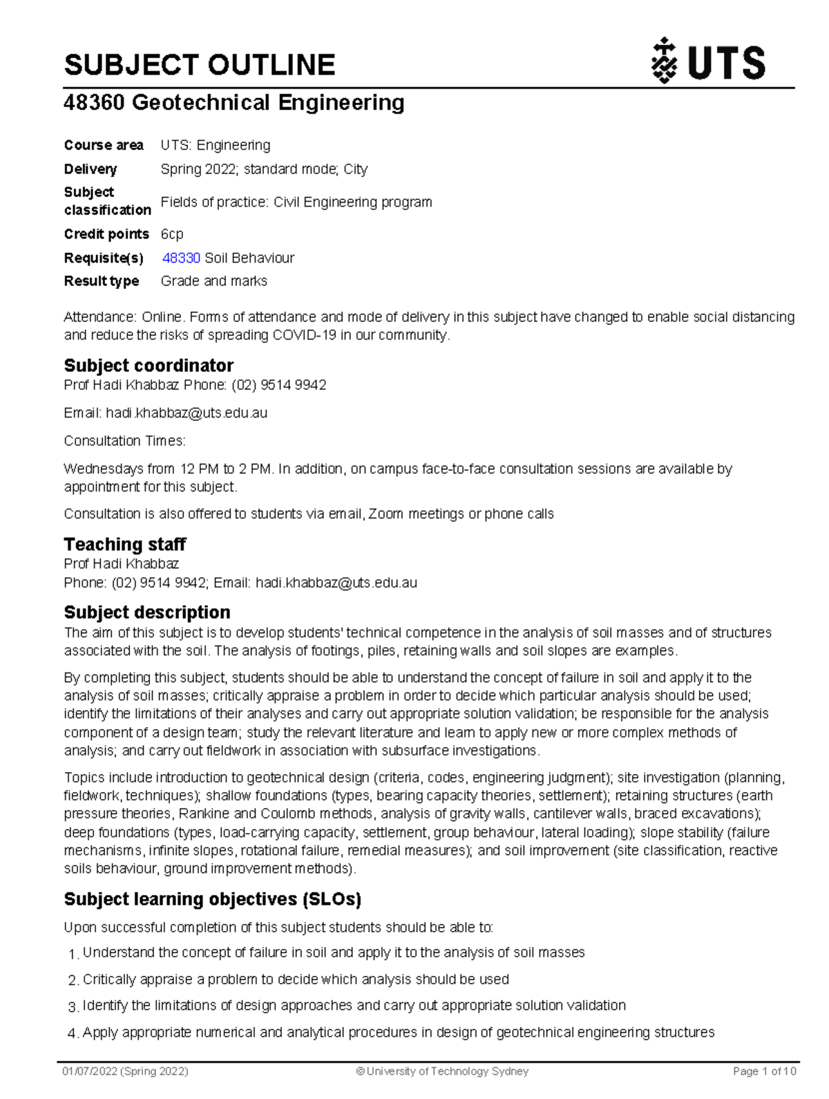 Geotechnical Engineering Subject Outline - SUBJECT OUTLINE 48360 ...