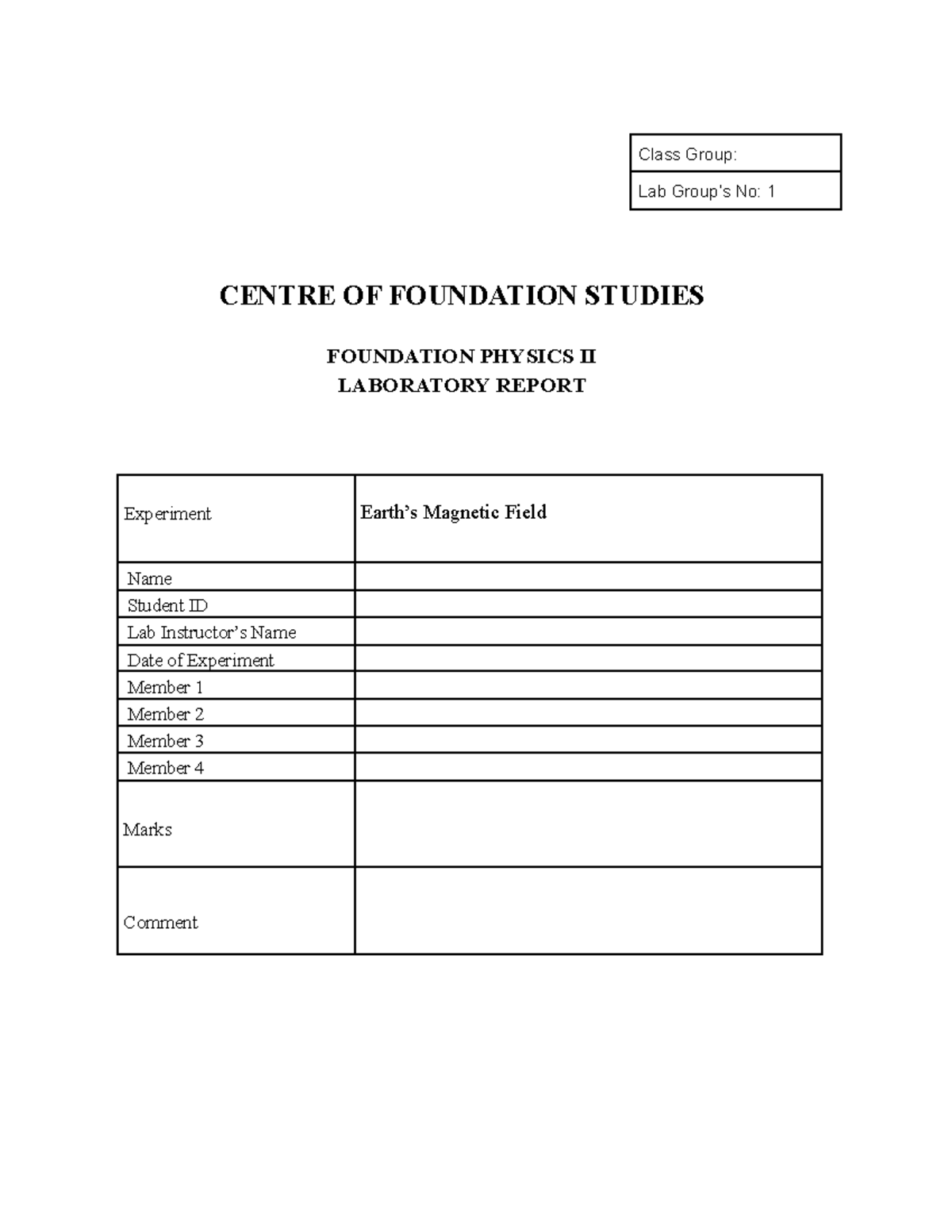 Earth’s Field Experiment Class Group Lab Group’s No 1