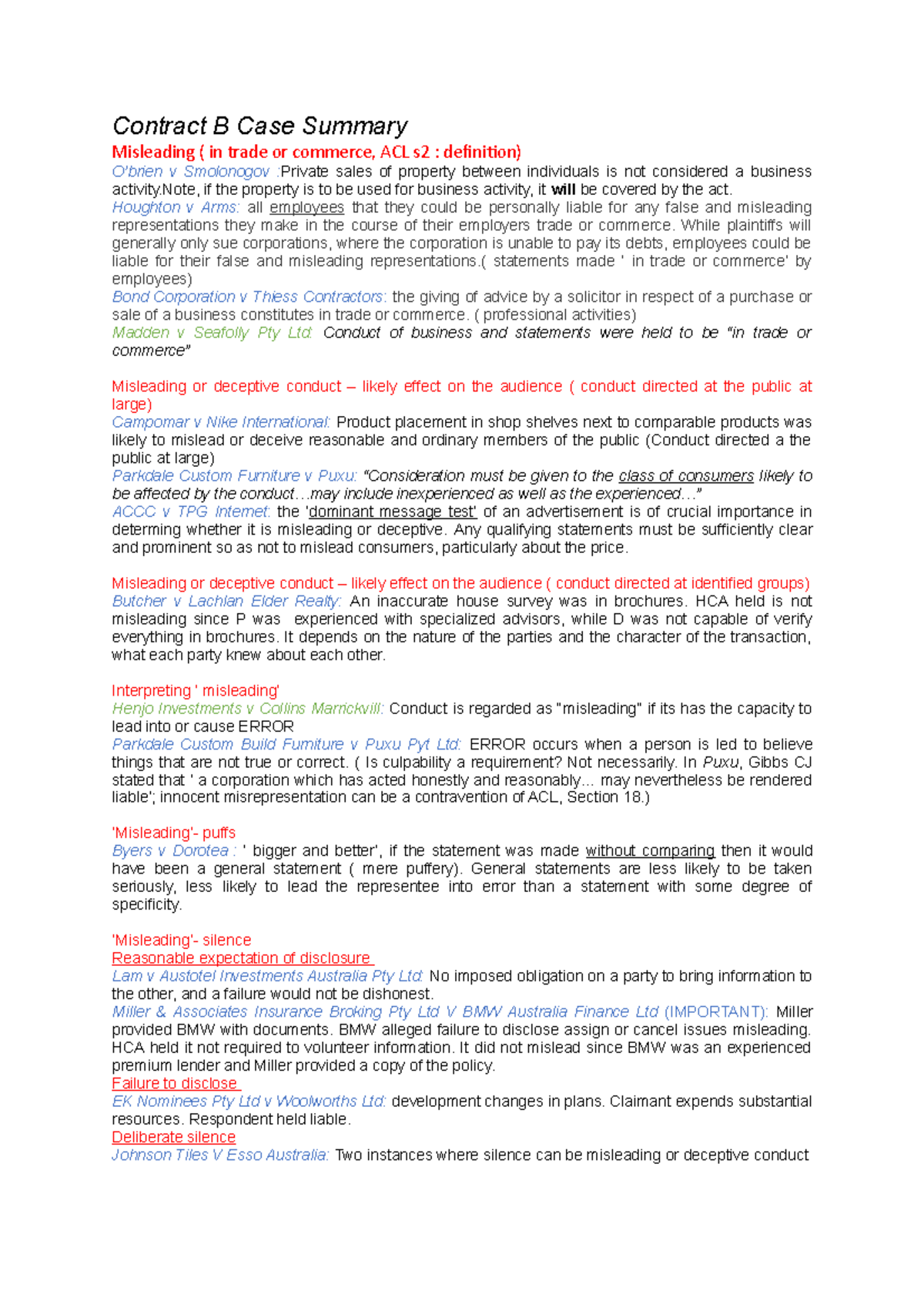 Case Summary - Contract B Case - Contract B Case Summary Misleading ...