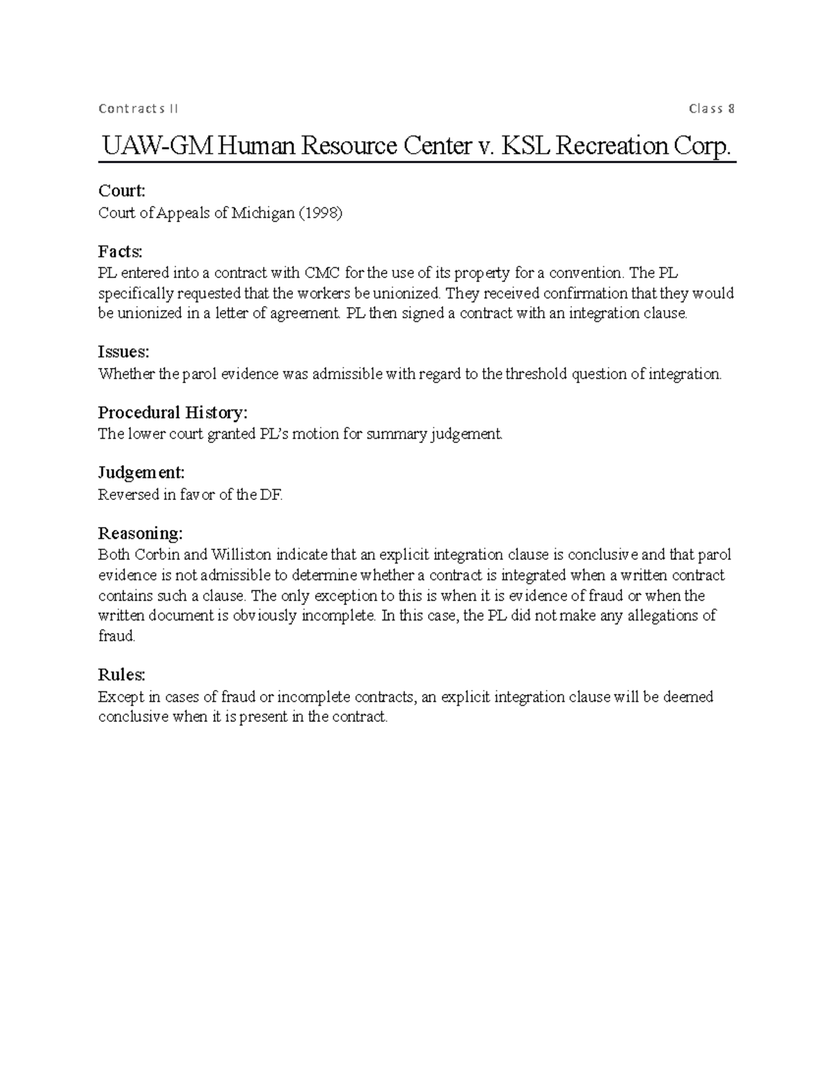 UAWGM Human Resources Center v. KSL Recreation Corp Contracts II