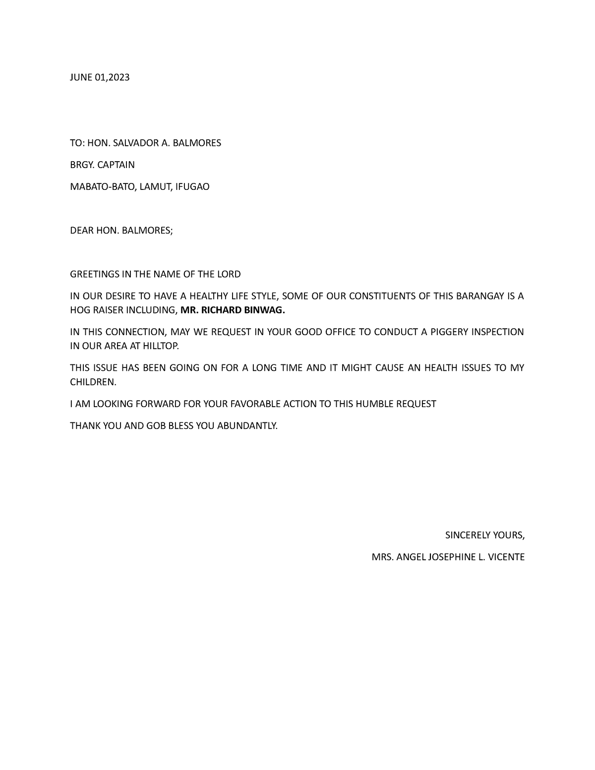 Complaint Letter - To: Hon. Salvador A. Balmores Brgy. Captain Mabato 