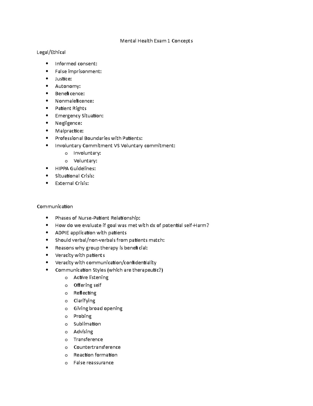 MH Exam 1 Guide - Mental Health Exam 1 Concepts Legal/Ethical Informed ...