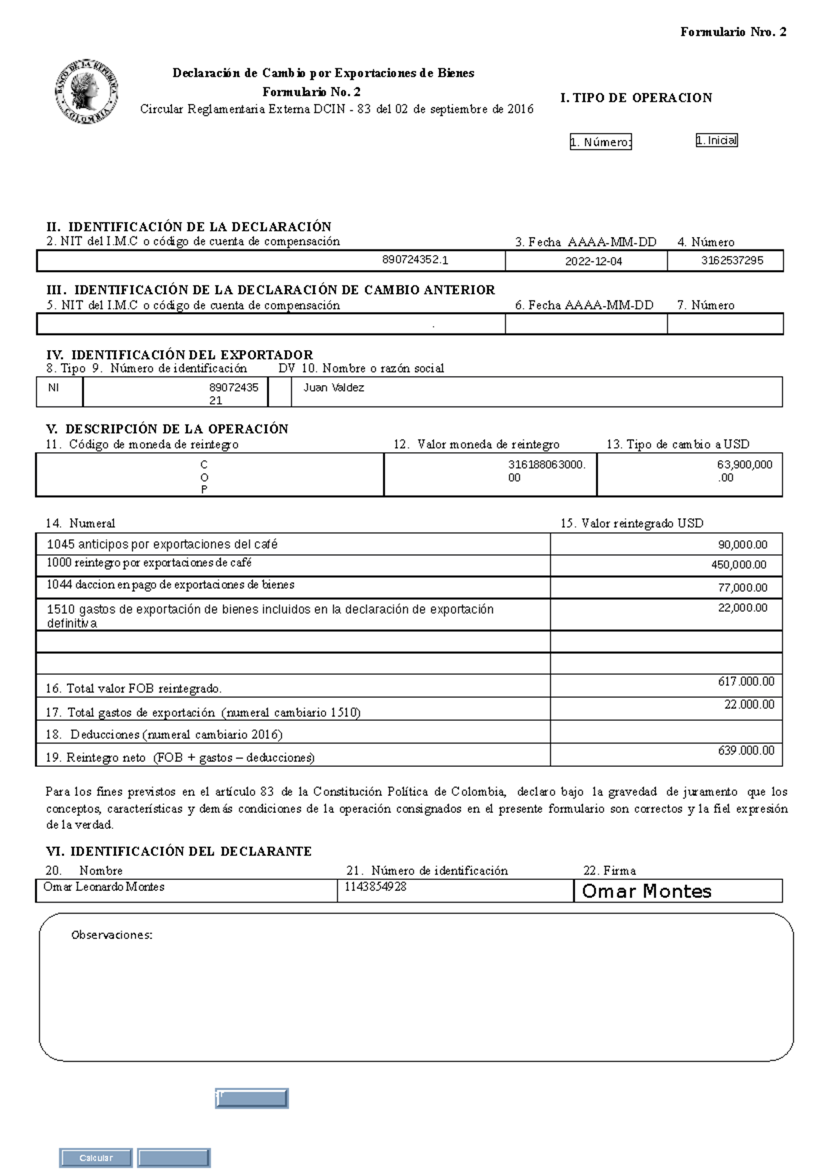 Declaracion De Cambio Por Exportaciones De Bienes Formulario N 2 - 1 ...