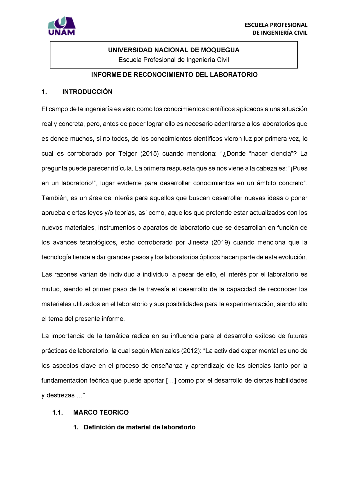 Informe De Laboratorio; Reconocimiento En El Laboratorio, Investigacion ...