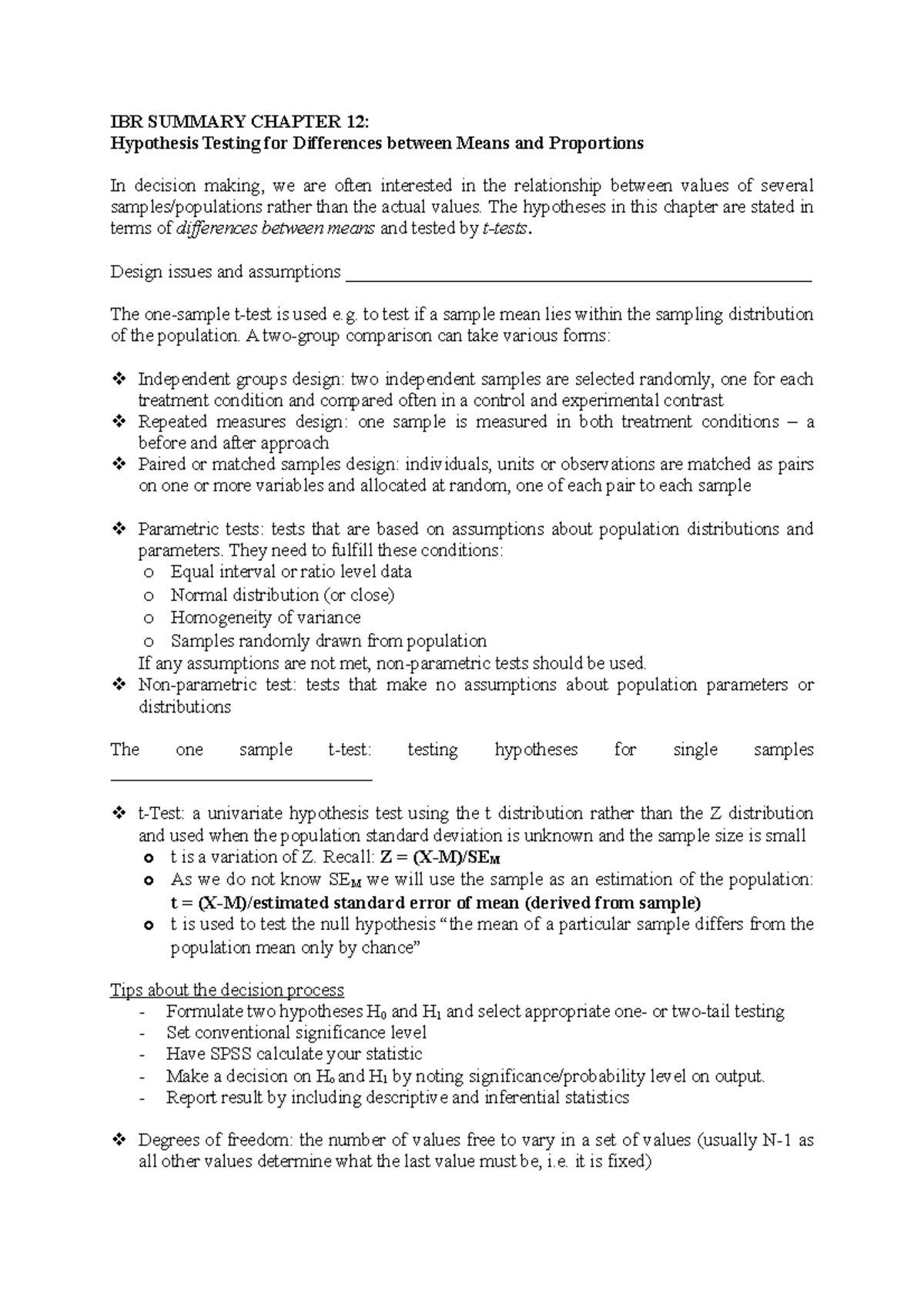 IBR Literature Summary Chapter 12 - IBR SUMMARY CHAPTER 12: Hypothesis ...