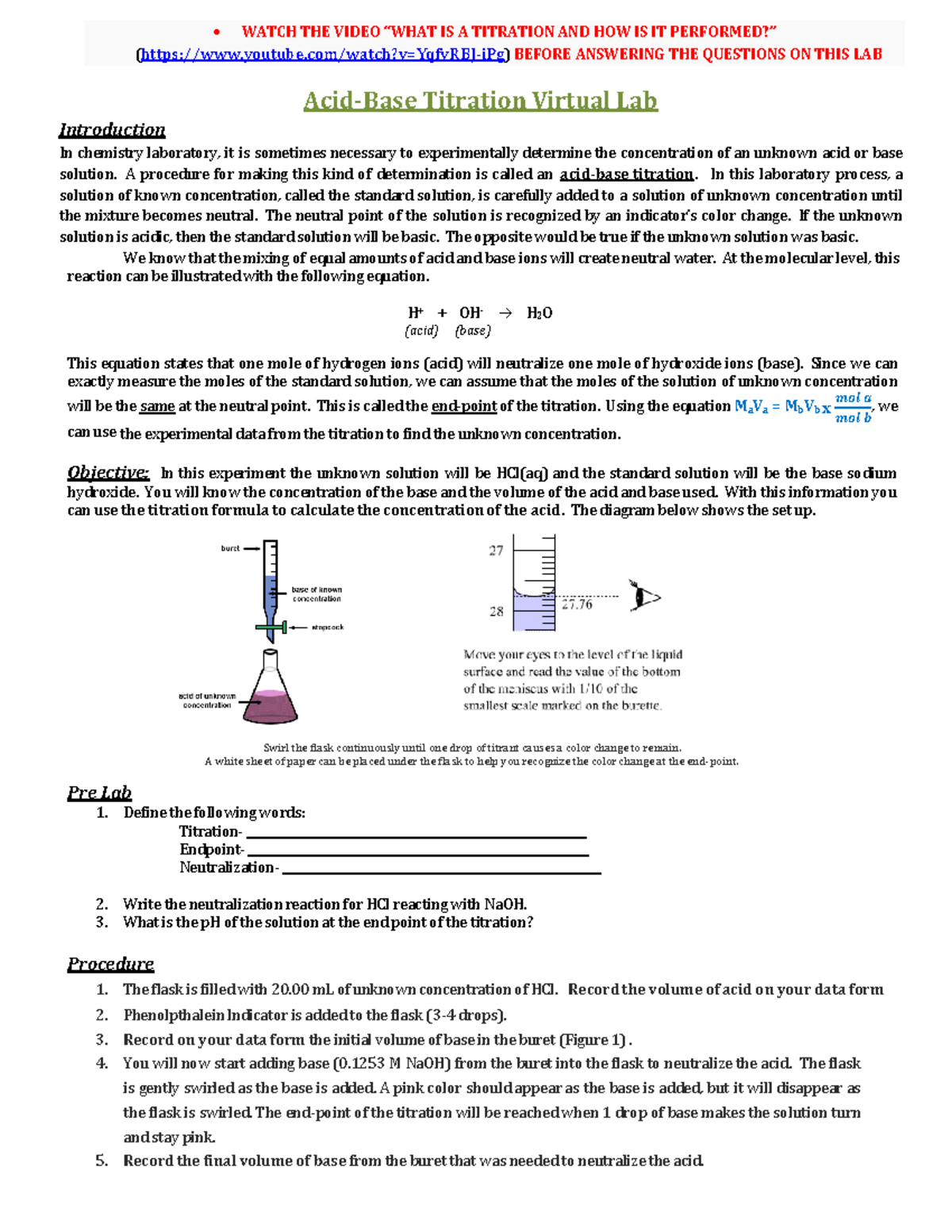 Virtual titration lab - • WATCH THE VIDEO “WHAT IS A TITRATION AND HOW ...