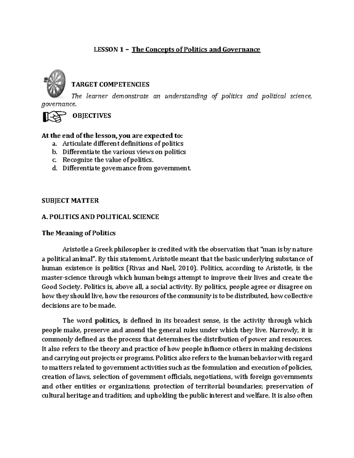 The Concepts of Politics and Governance - OBJECTIVES At the end of the ...