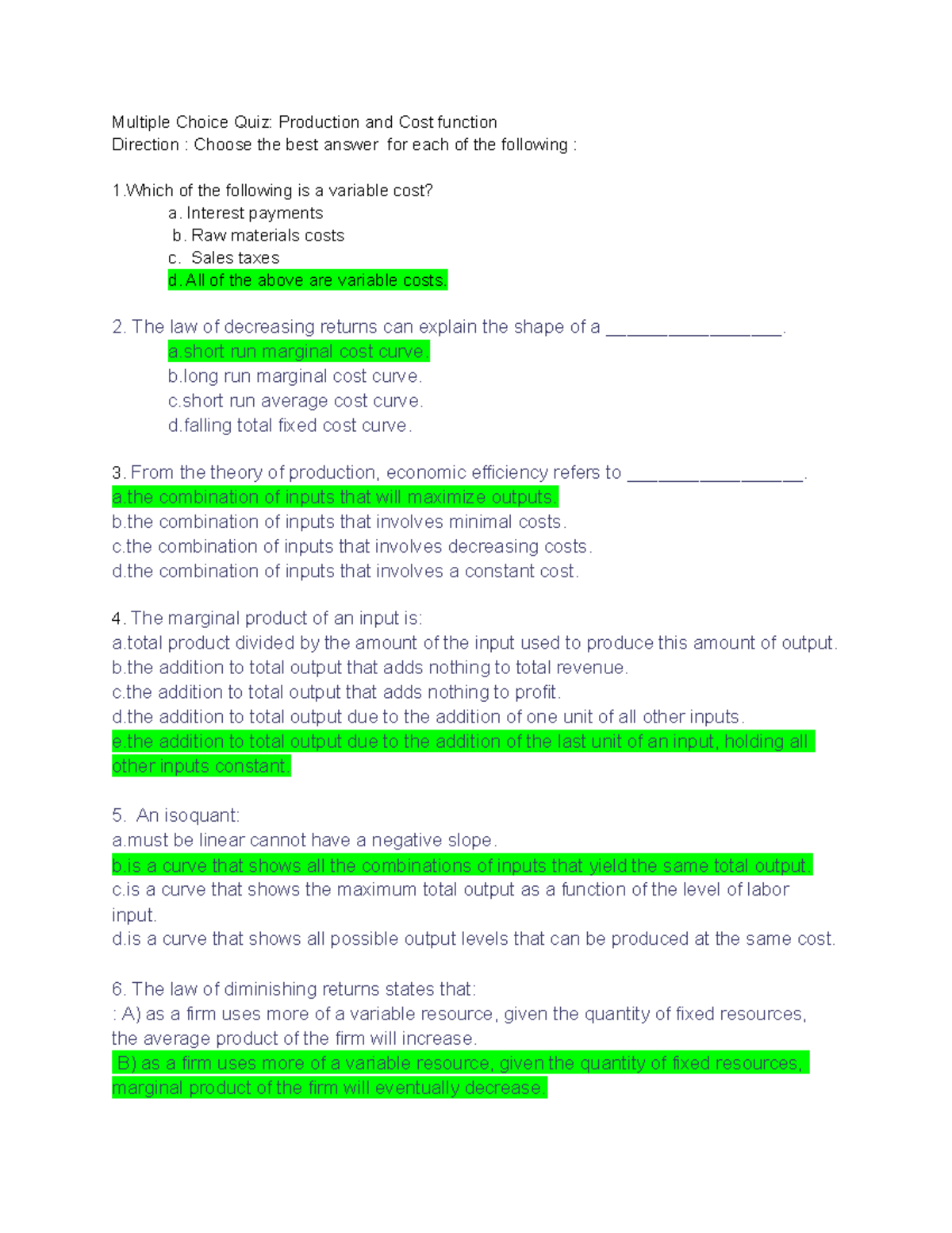 Production And Cost Multiple Choice Quiz - Multiple Choice Quiz ...