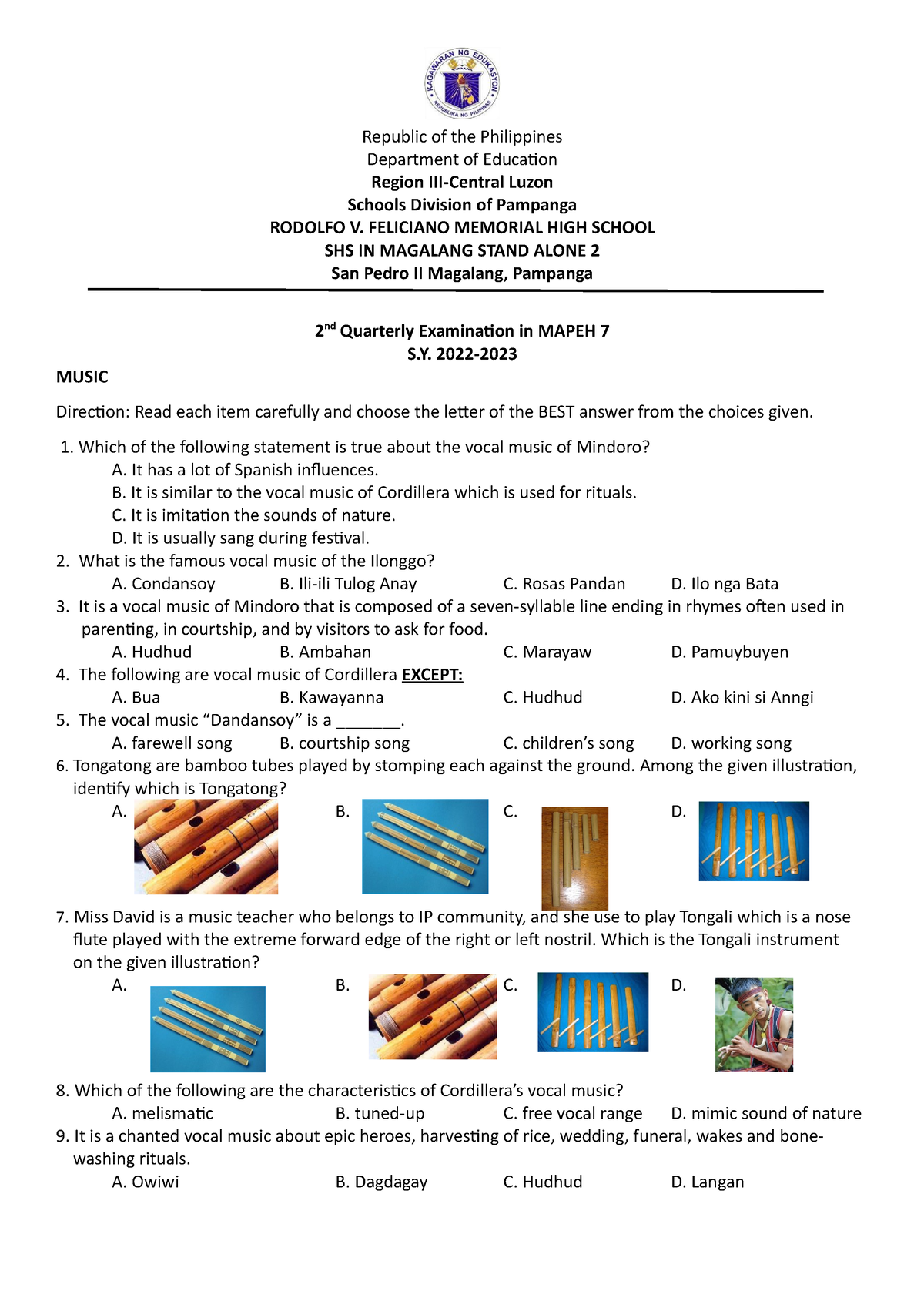 Periodic Test MAPEH 7 - Republic Of The Philippines Department Of ...