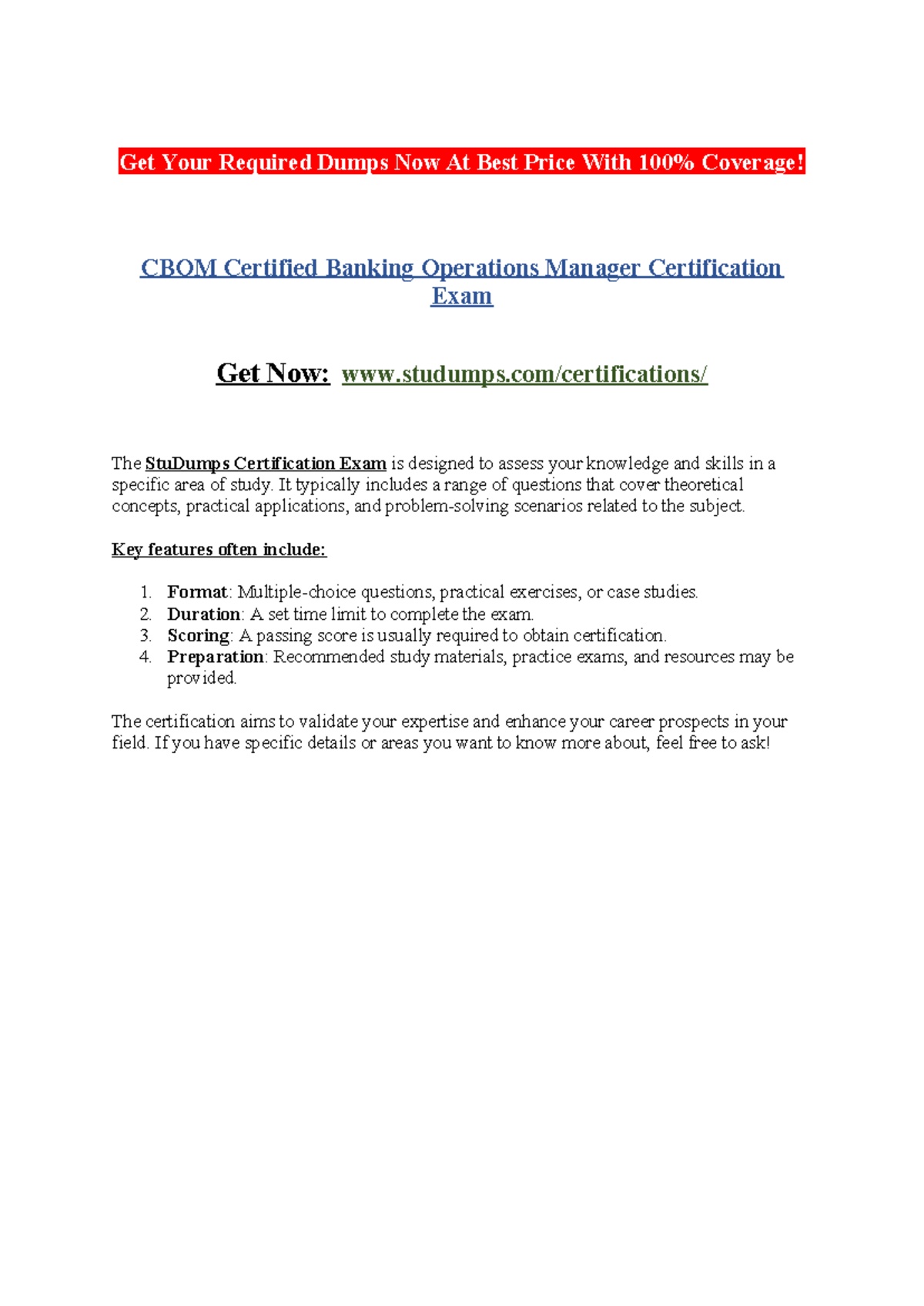CBOM Certified Banking Operations Manager Certification Exam - Get Your ...