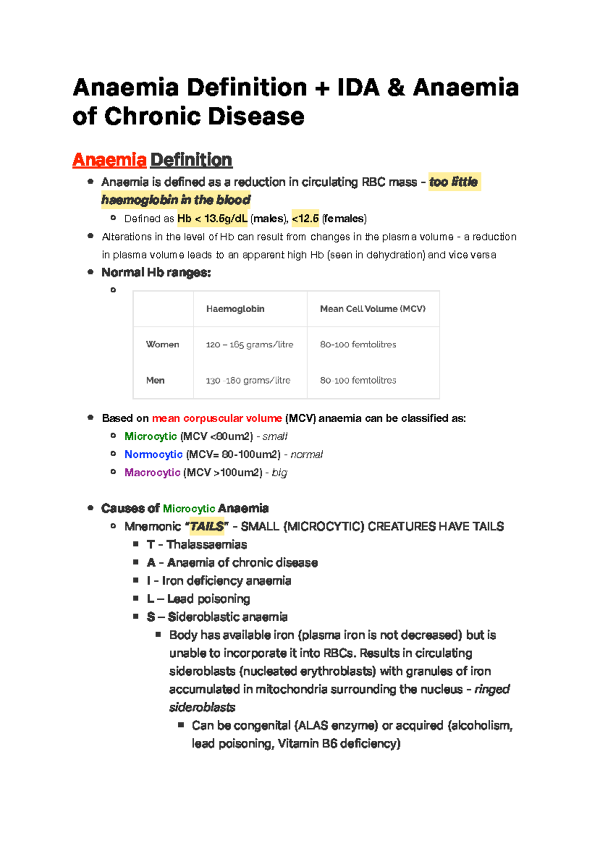Anaemia Definition, IDA and Anaemia of Chronic Disease A n a e m i a