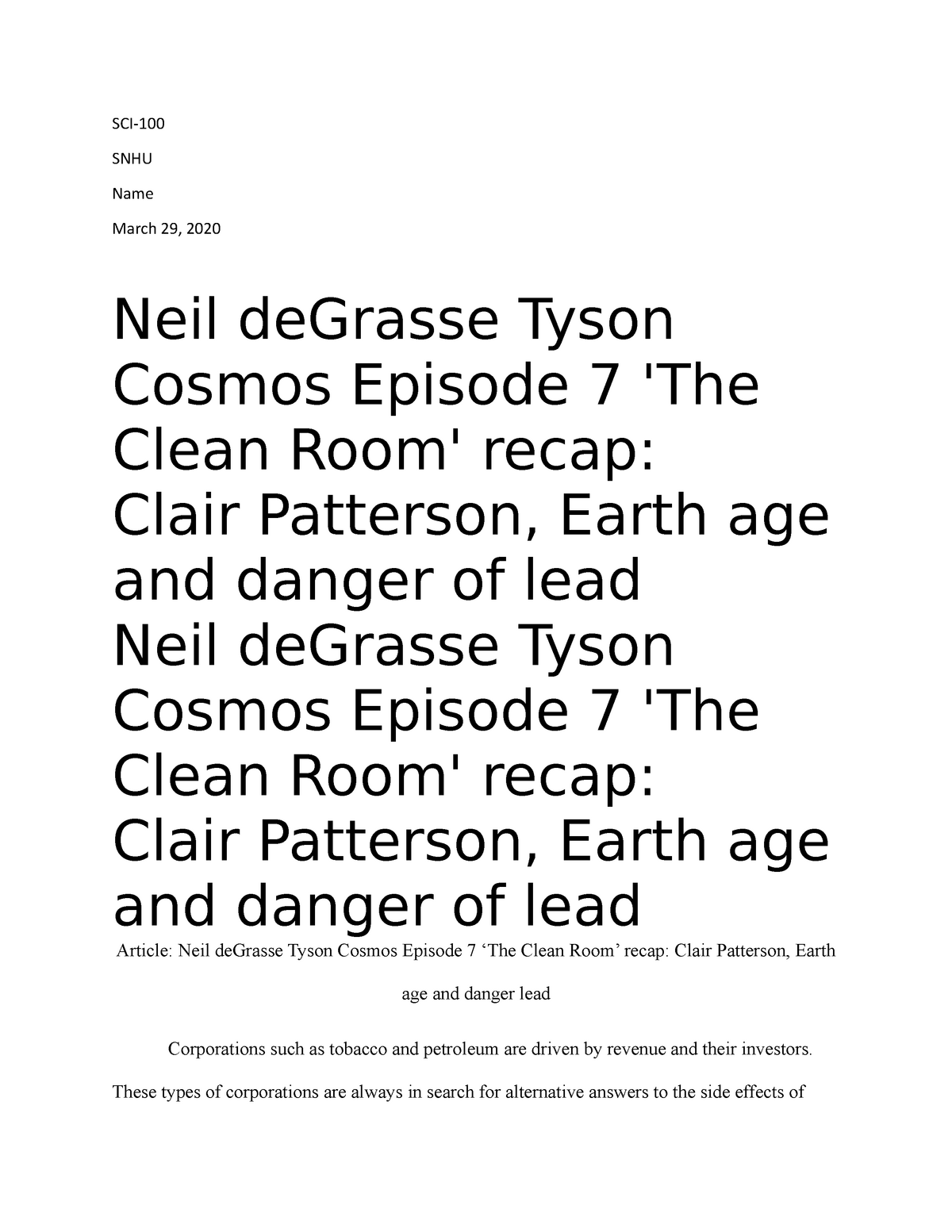 22-22-22 Short answer - SCI- SNHU Name March 22, 22 Neil deGrasse Intended For Cosmos Episode 1 Worksheet Answers
