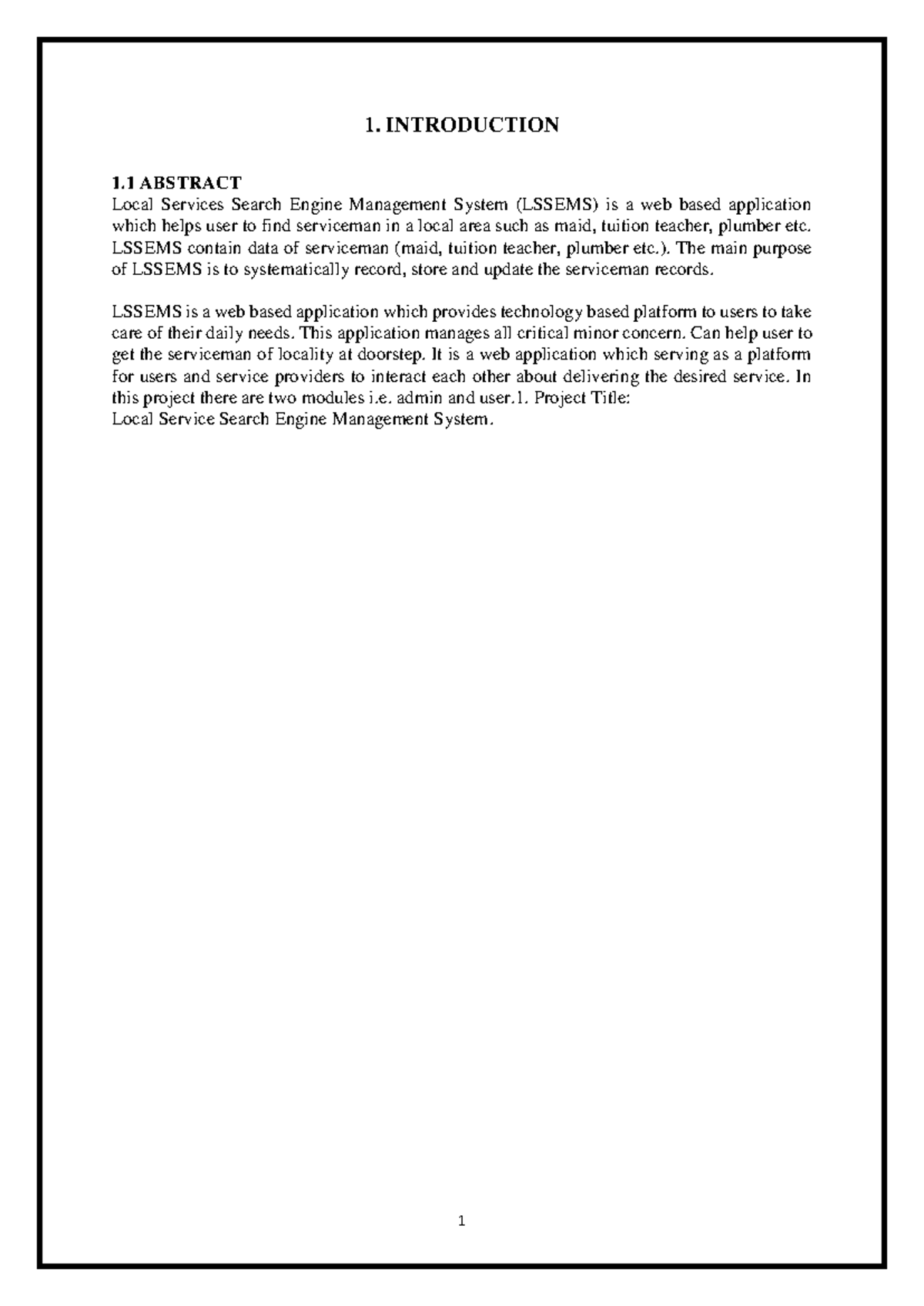 NEW Synopsis 1. INTRODUCTION 1 ABSTRACT Local Services Search Engine