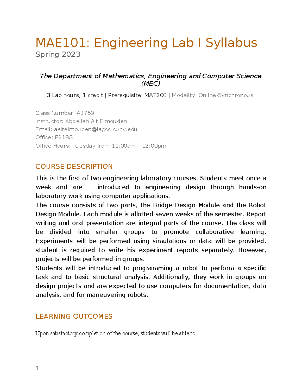 MAE101 tension lab - MAE101: Engineering Lab I Syllabus Spring 2023 The ...