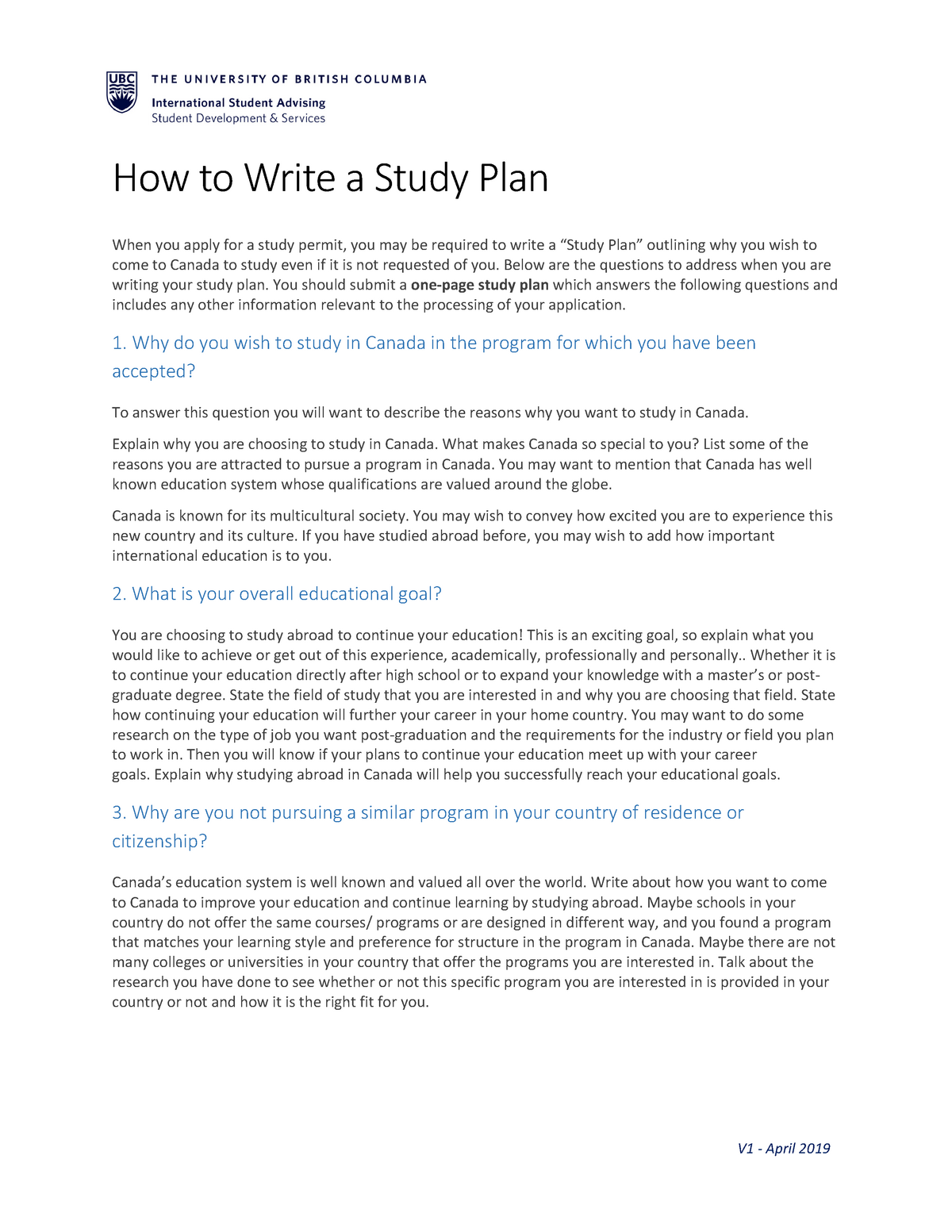 How To Write A Study Plan V1 April 2019 V1 April 2019 How 