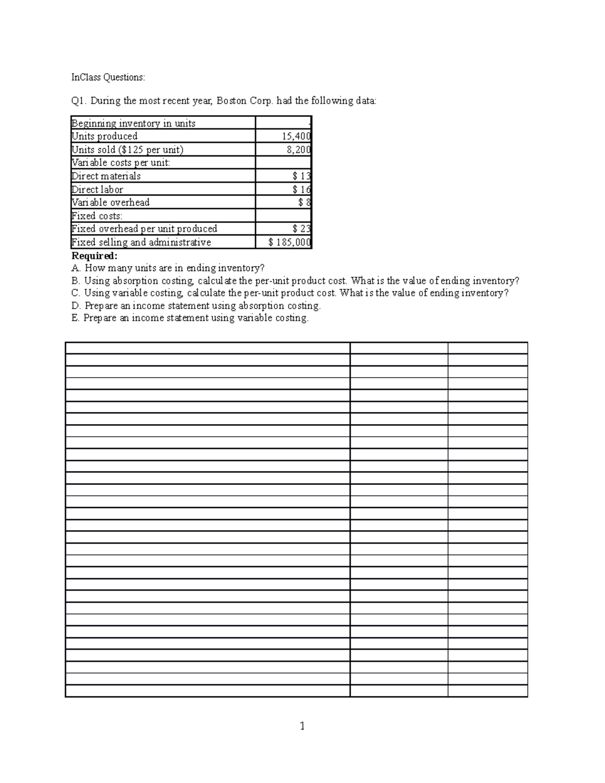Inclass practices For practice ACCT 5000 Humber College Studocu