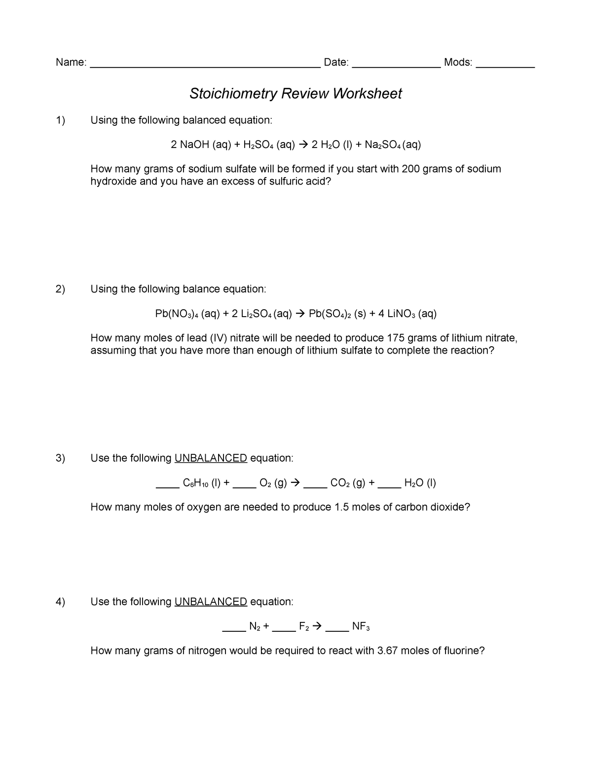 Stoichiometry Review Worksheet Practice Material - fundamental Inside Chemistry Review Worksheet Answers