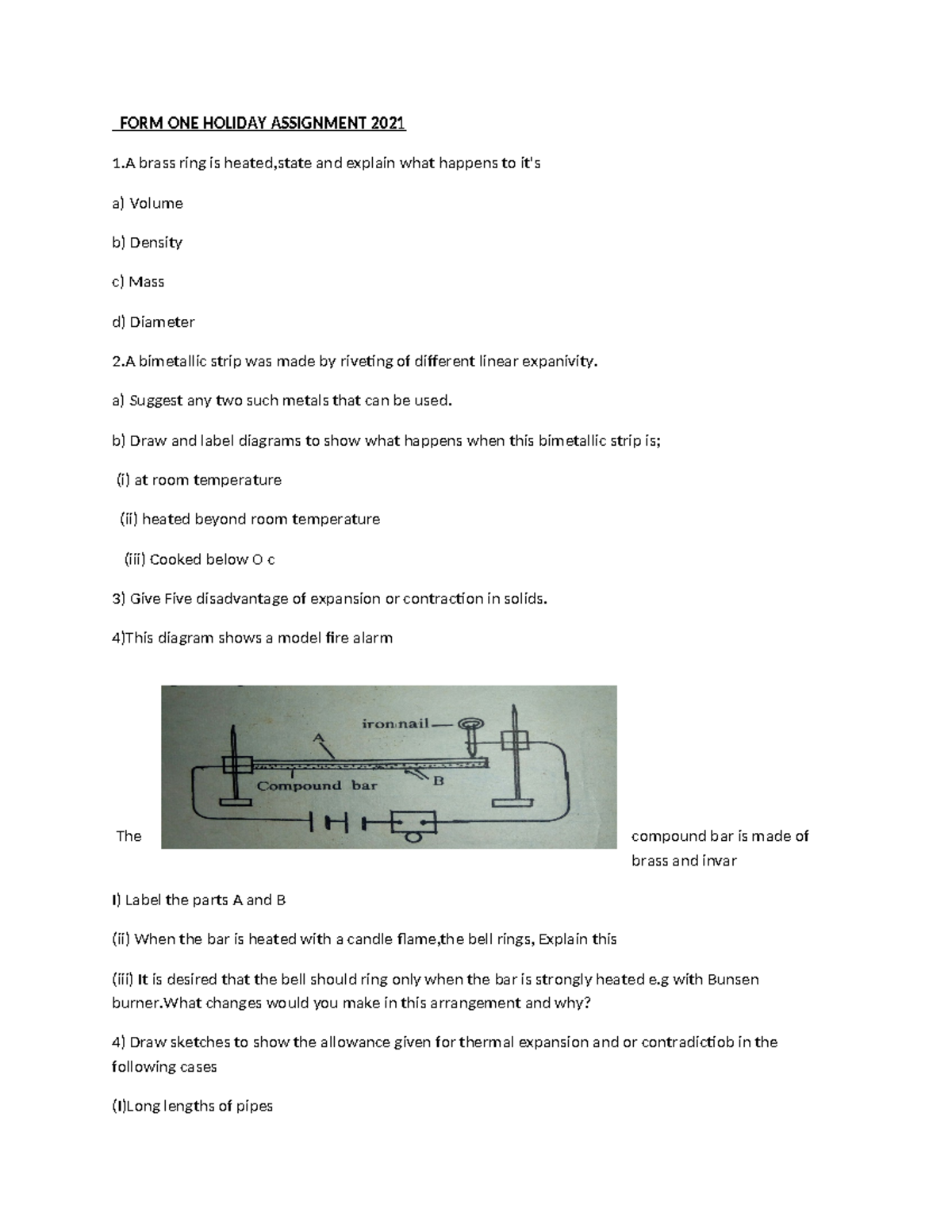 form 1 holiday assignment 2021