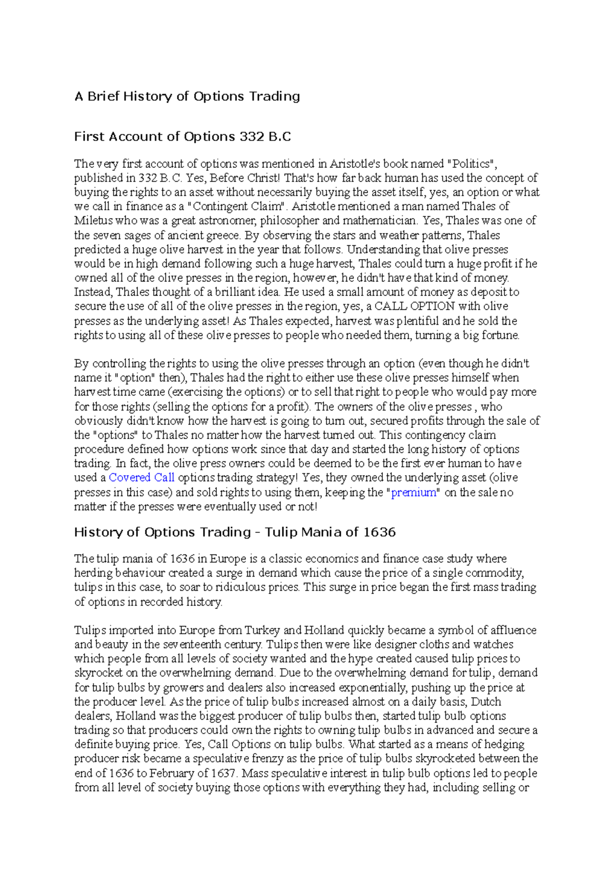 A Brief History of Options Trading EC3065 - A Brief History of Options ...