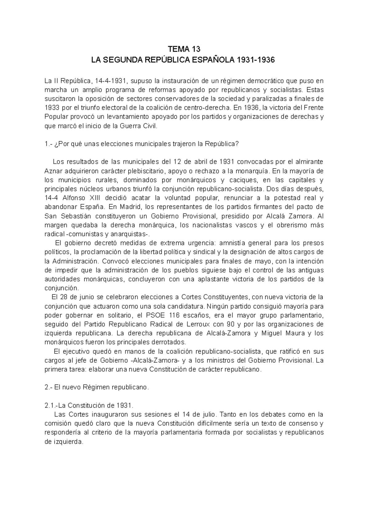 Historia Económica Texto - TEMA 13 LA SEGUNDA REPÚBLICA ESPAÑOLA 1931 ...