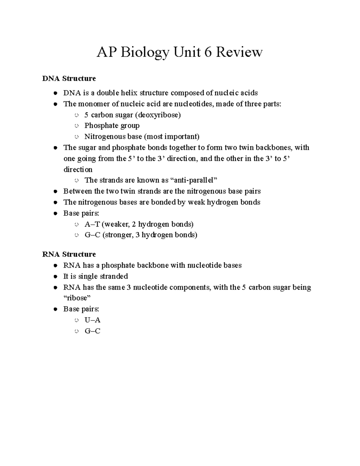 Nucleic Acids And Gene Expression - AP Biology Unit 6 Review DNA ...