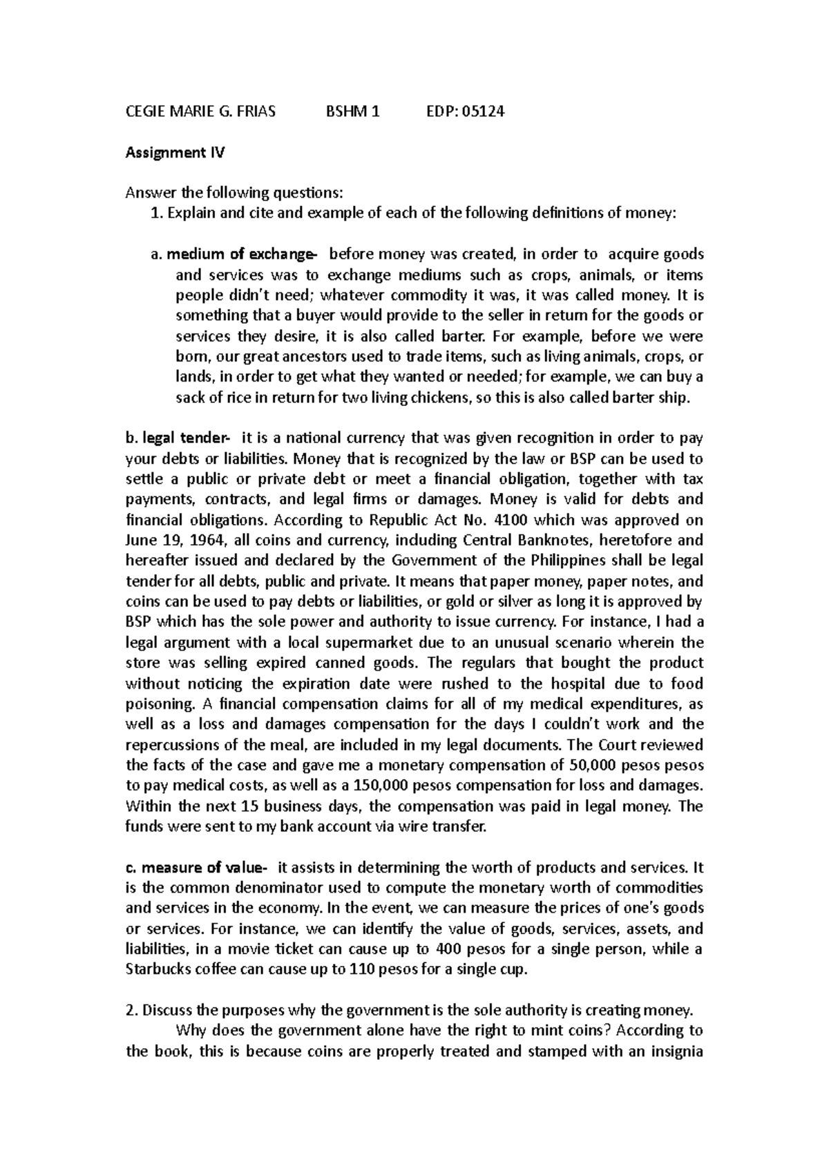 Frias Assignment IV Elements Of Finance CEGIE MARIE G FRIAS BSHM 