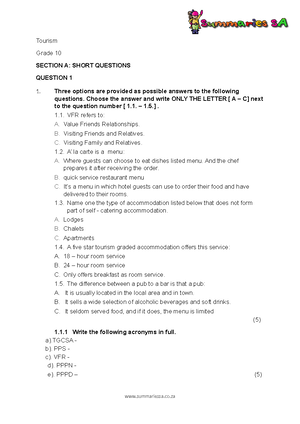 Grade 10 Tourism June Memo 2023 qeyeao - Tourism Grade 10 SECTION A ...