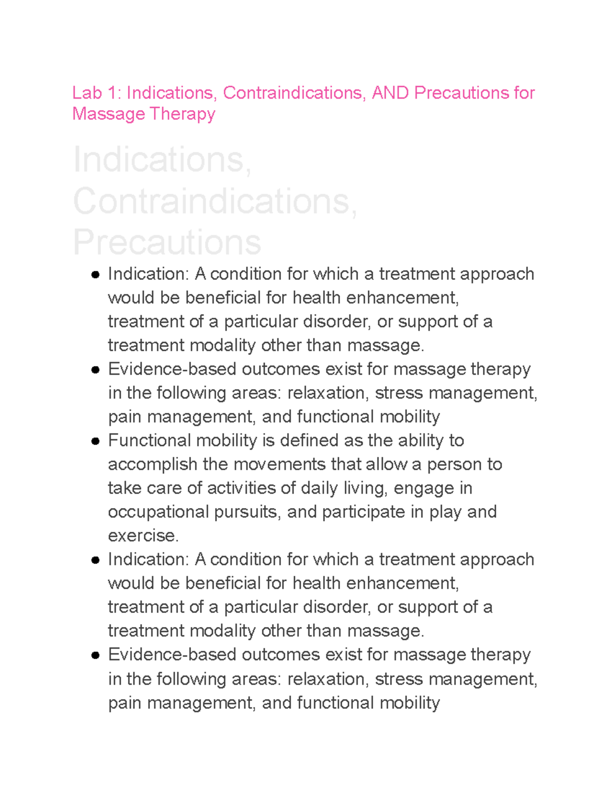 Lab 1 Indications, Contraindications, AND Precautions for Massage Therapy Lab 1 Indications