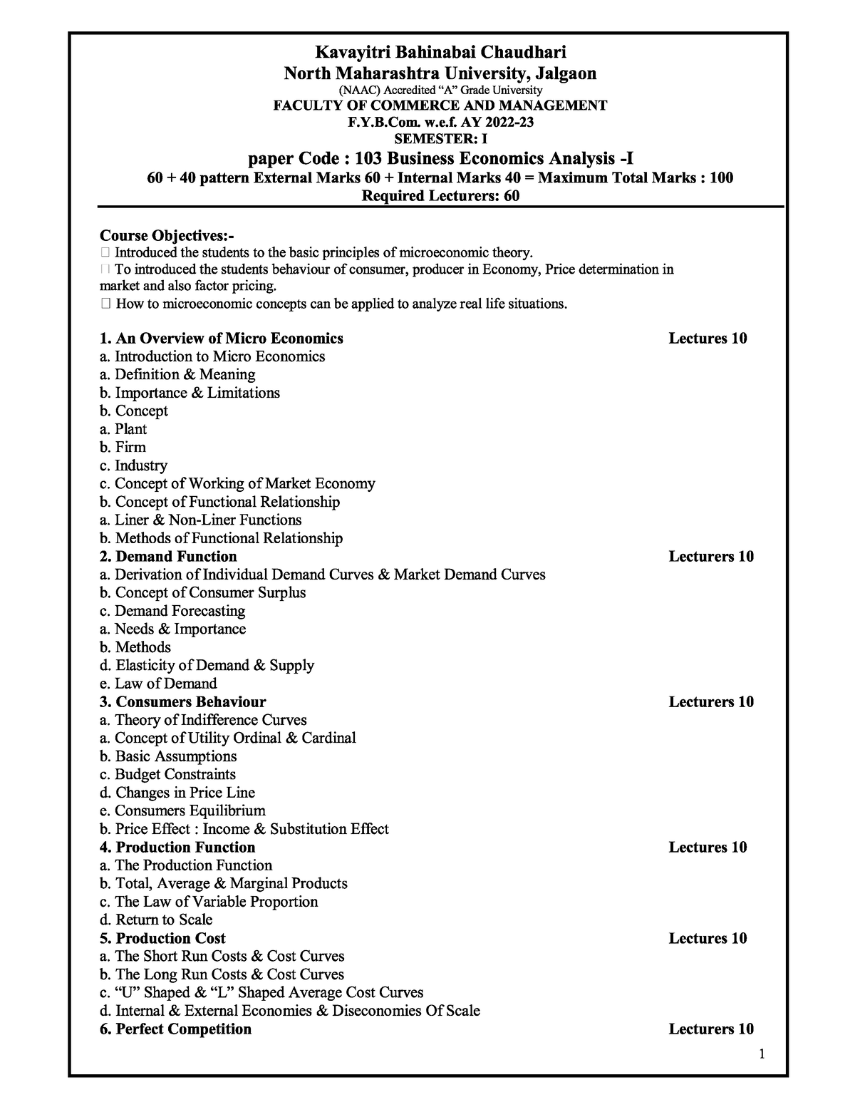 FY BCom Sem 1 Detailed Syllabus - Bachelor's In Commerce - Studocu