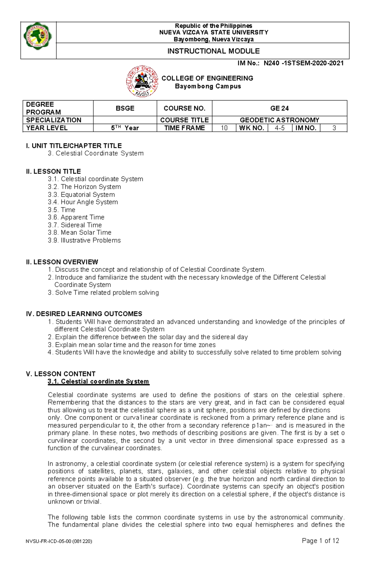 Module 3- Celestial COORDINATE System - NUEVA VIZCAYA STATE UNIVERSITY ...