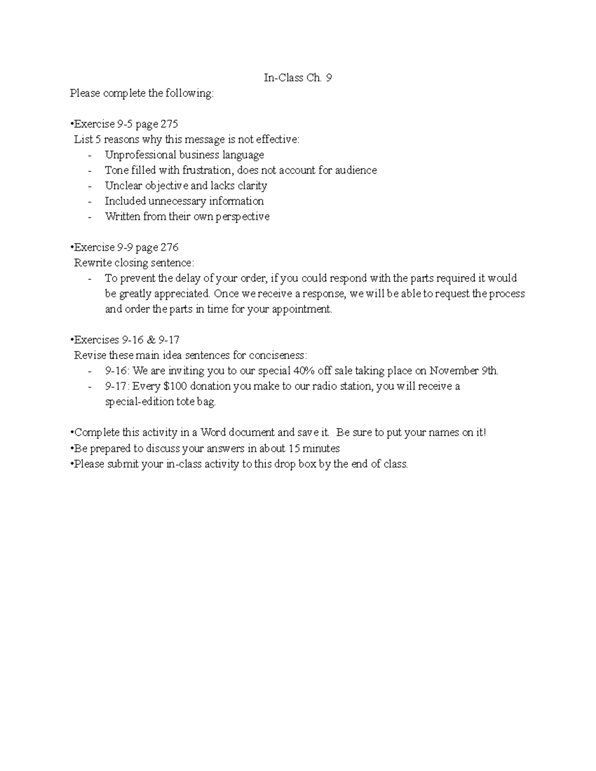 BA 205 - Chapter 9 Assignment - In-Class Ch. 9 Please complete the ...