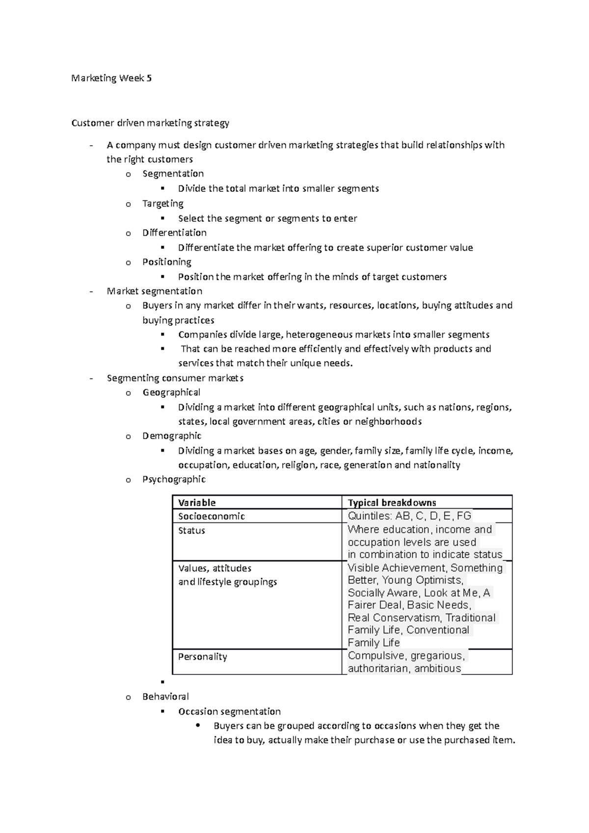 Marketing Week 5 - notes - Marketing Week 5 Customer driven marketing ...
