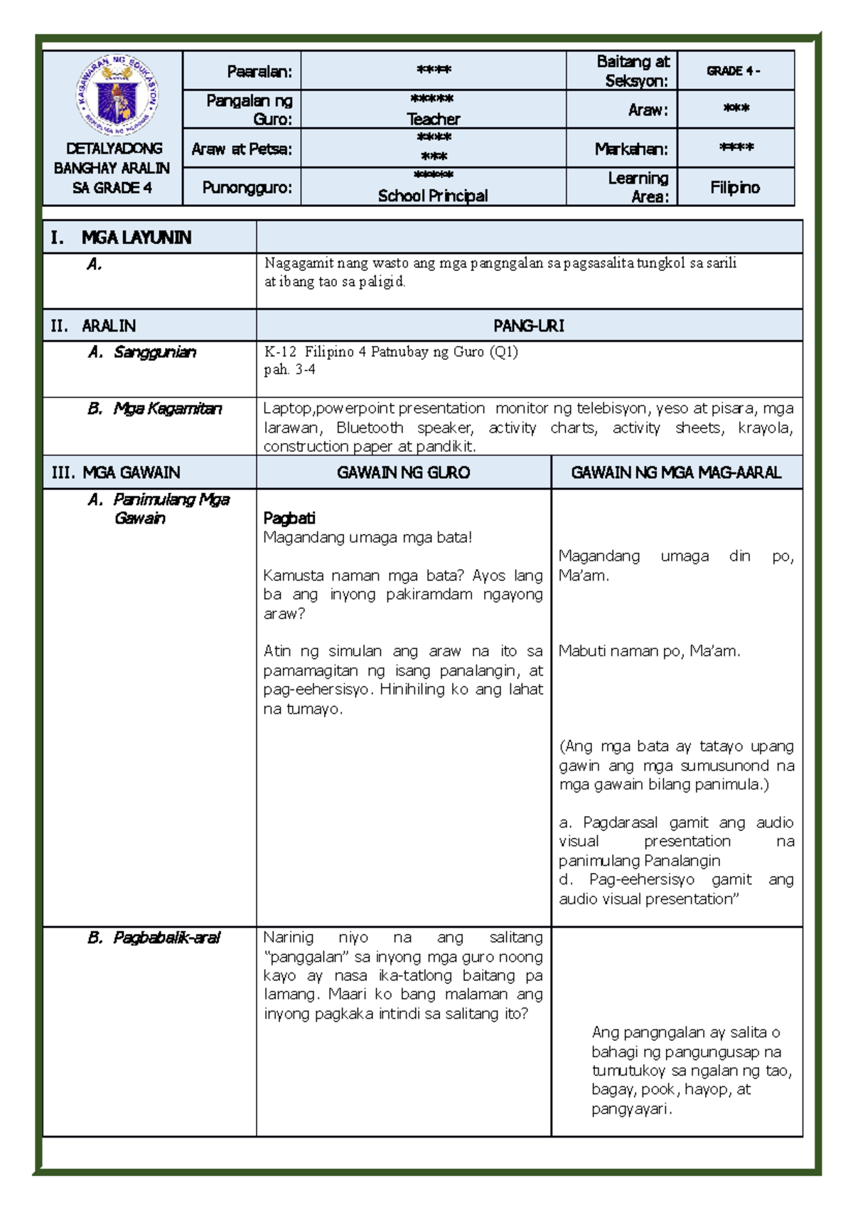 Dlp cot panggalan copy detalyadong banghay aralin sa grade 4