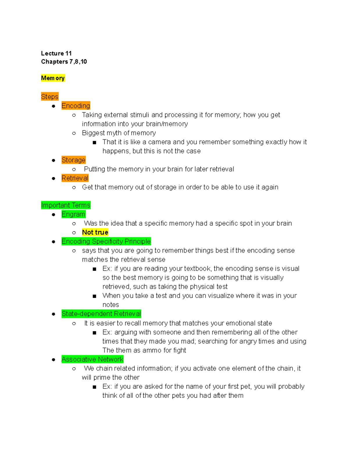Test 3 Cognitive Review Sheet - Lecture 11 Chapters 7,8, Memory Steps ...