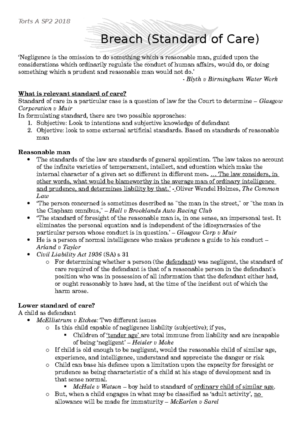 Week 3 - Breach (Standard Of Care). - Torts A SP2 2018 Breach (Standard ...